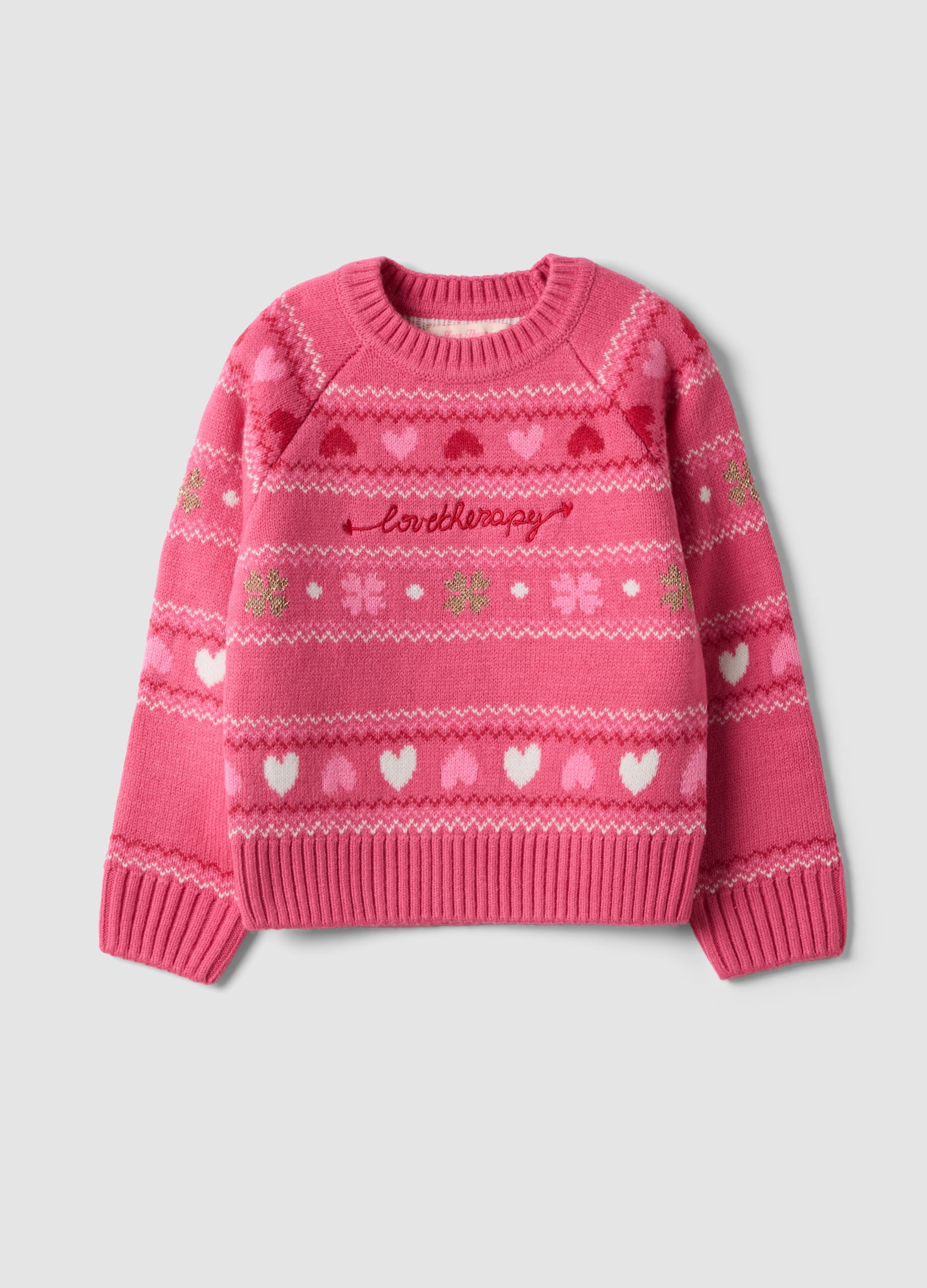 LOVE THERAPY, Maglia Rosa Girocollo Con Cuori E Fantasia Jacquard Regular Fit, Bambina, Rosa, Taglia: 9-10