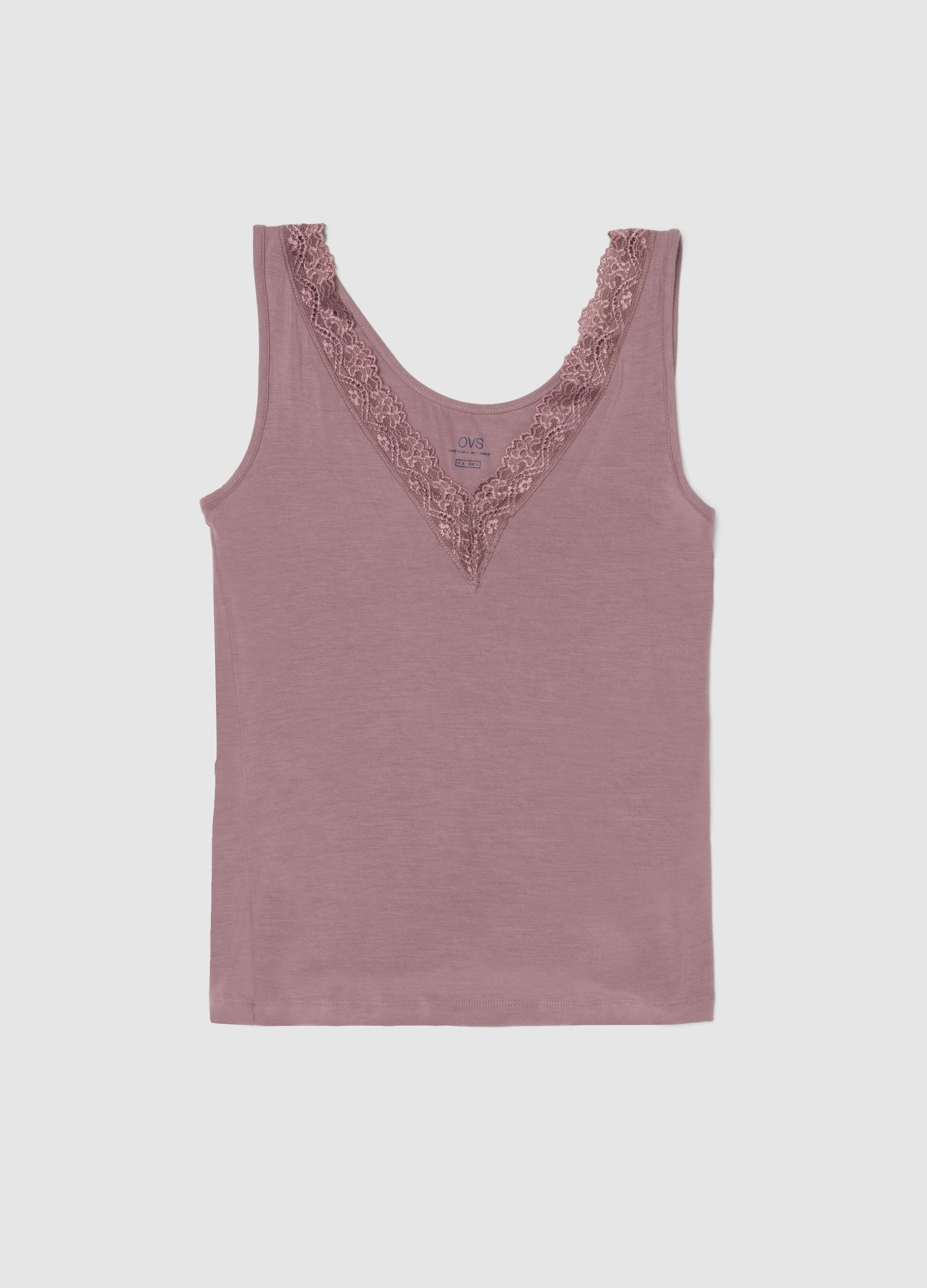 Canotta In Viscosa Elasticizzata Rosa Regular Fit Deep V Con Pizzo, Mujer, Rosa pastel, Talla: M