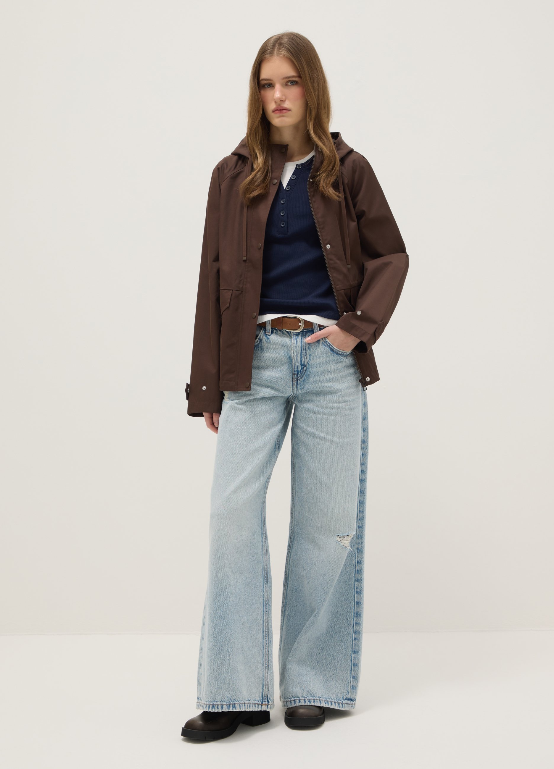 Chaqueta Marrón En Mezcla De Algodón Ajuste Regular Con Cremallera Y Capucha, Mujer, Marrón oscuro, Talla: S