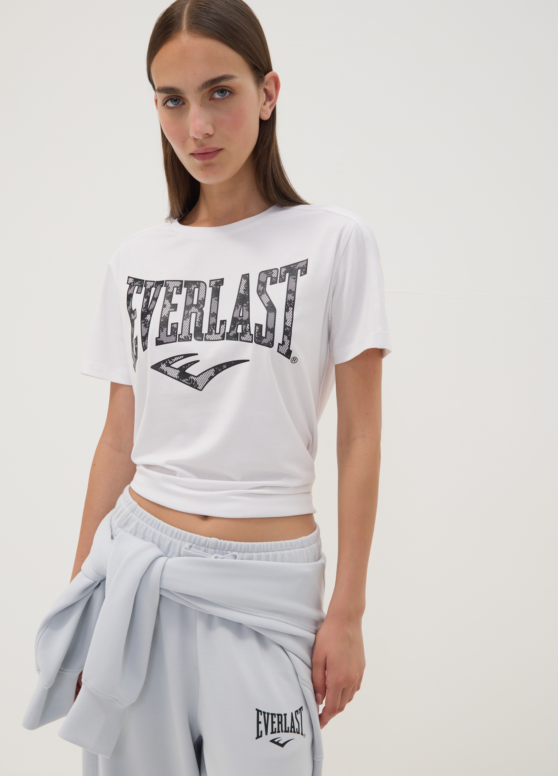 EVERLAST, T-shirt Bianca In Cotone Elasticizzato Jersey Con Stampa Regular Fit, Unisex, Bianco, Taglia: XS