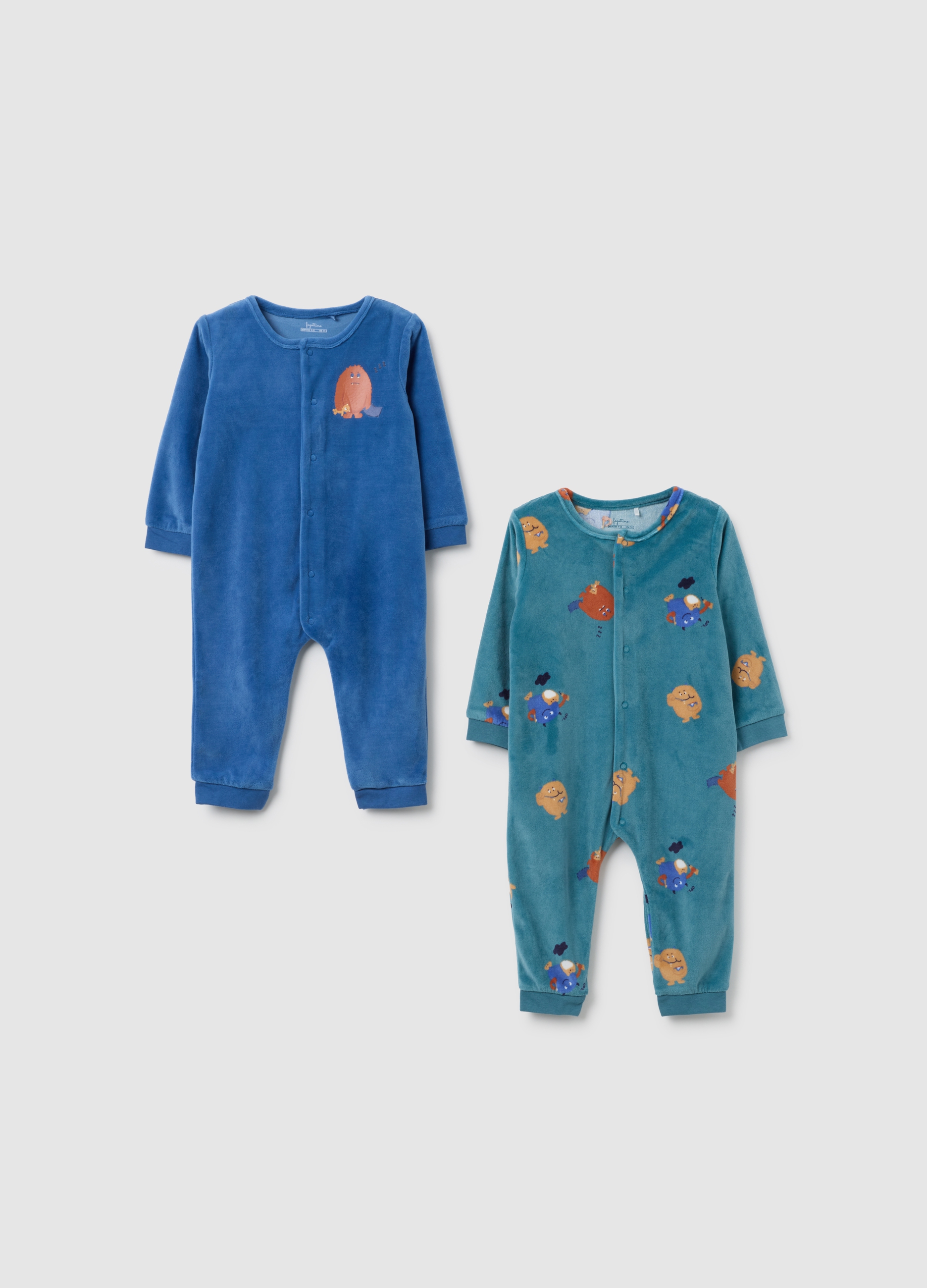 Conjunto De Dos Pijamas De Velour Para Recién Nacido Con Cierre De Presión, Multicolor, Niño, Azul/azul claro, Talla: 12-18