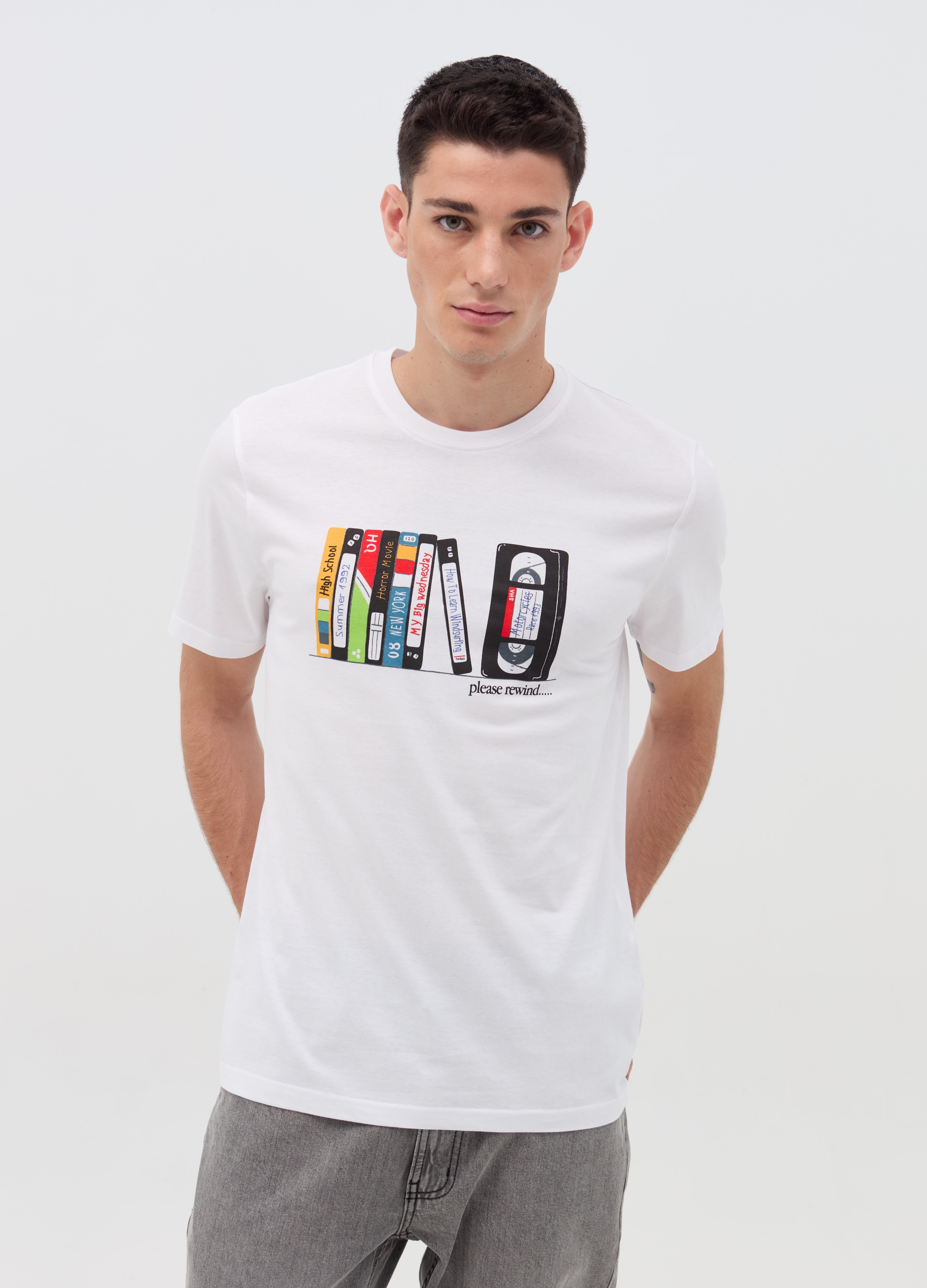 OVS, T-shirt Con Stampa "please Rewind", Uomo, Bianco, Taglia: M