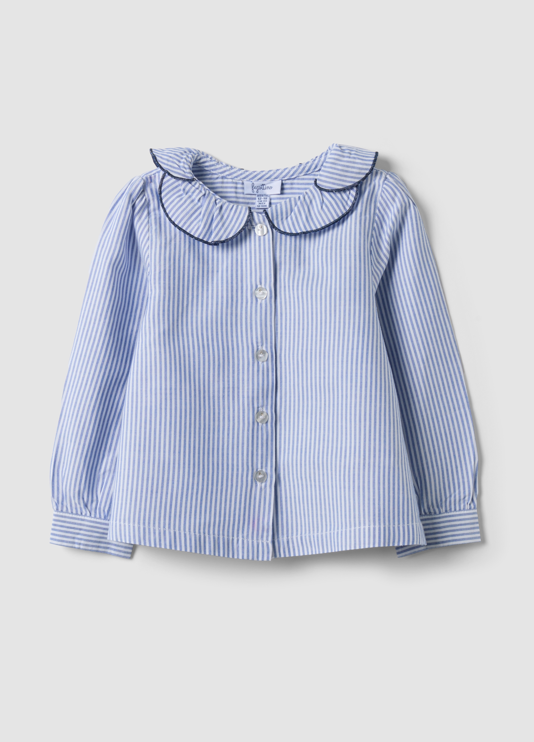 FAGOTTINO, Camicia Azzurra A Righe In Puro Cotone Con Colletto Volant Per Bimba, Bambina, Azzurro, Taglia: 12-18
