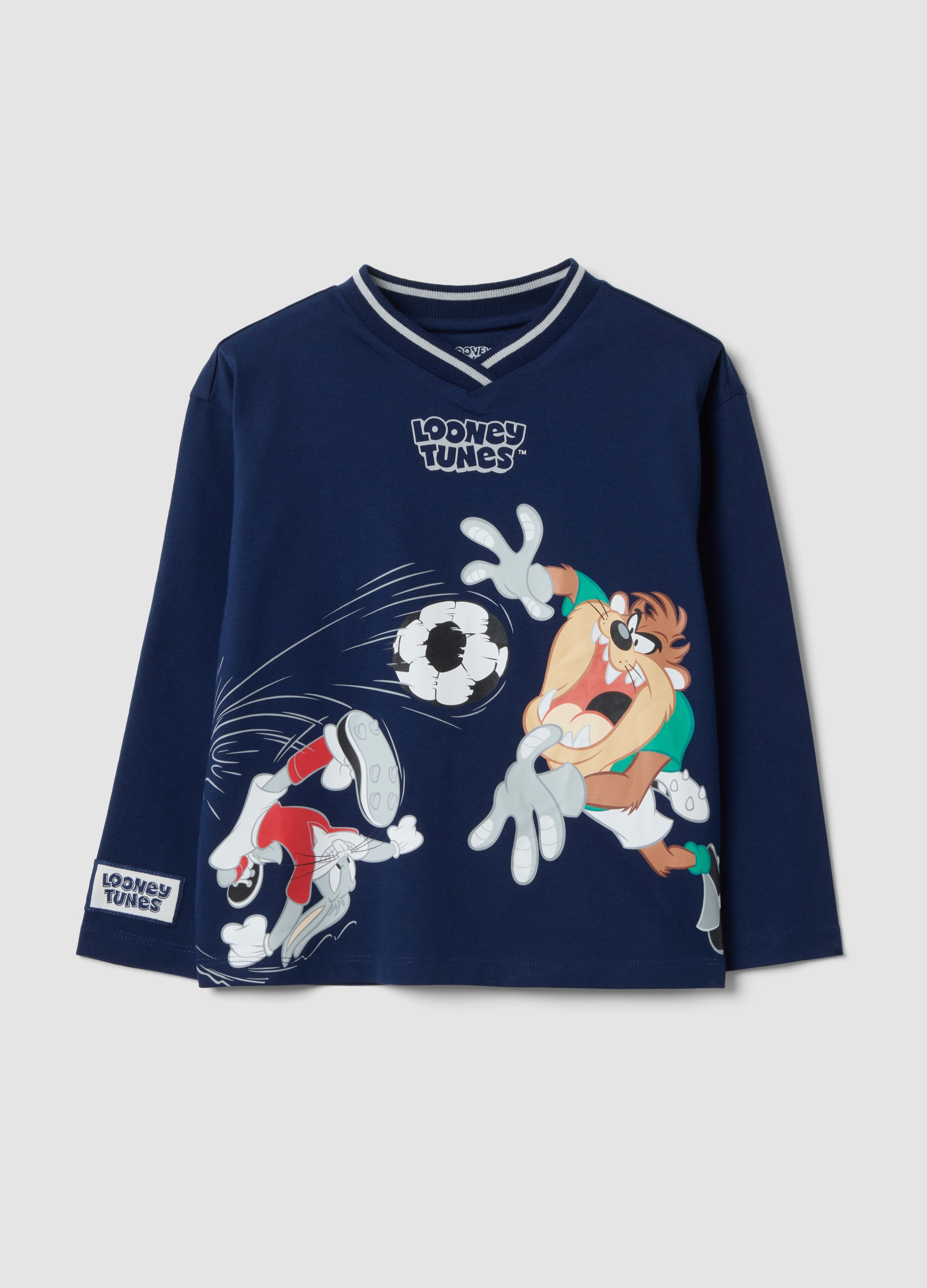 WARNER BROS, T-shirt Blu A Maniche Lunghe In Puro Cotone Con Stampa Looney Tunes Per Bambino, Blu, Taglia: 3-4