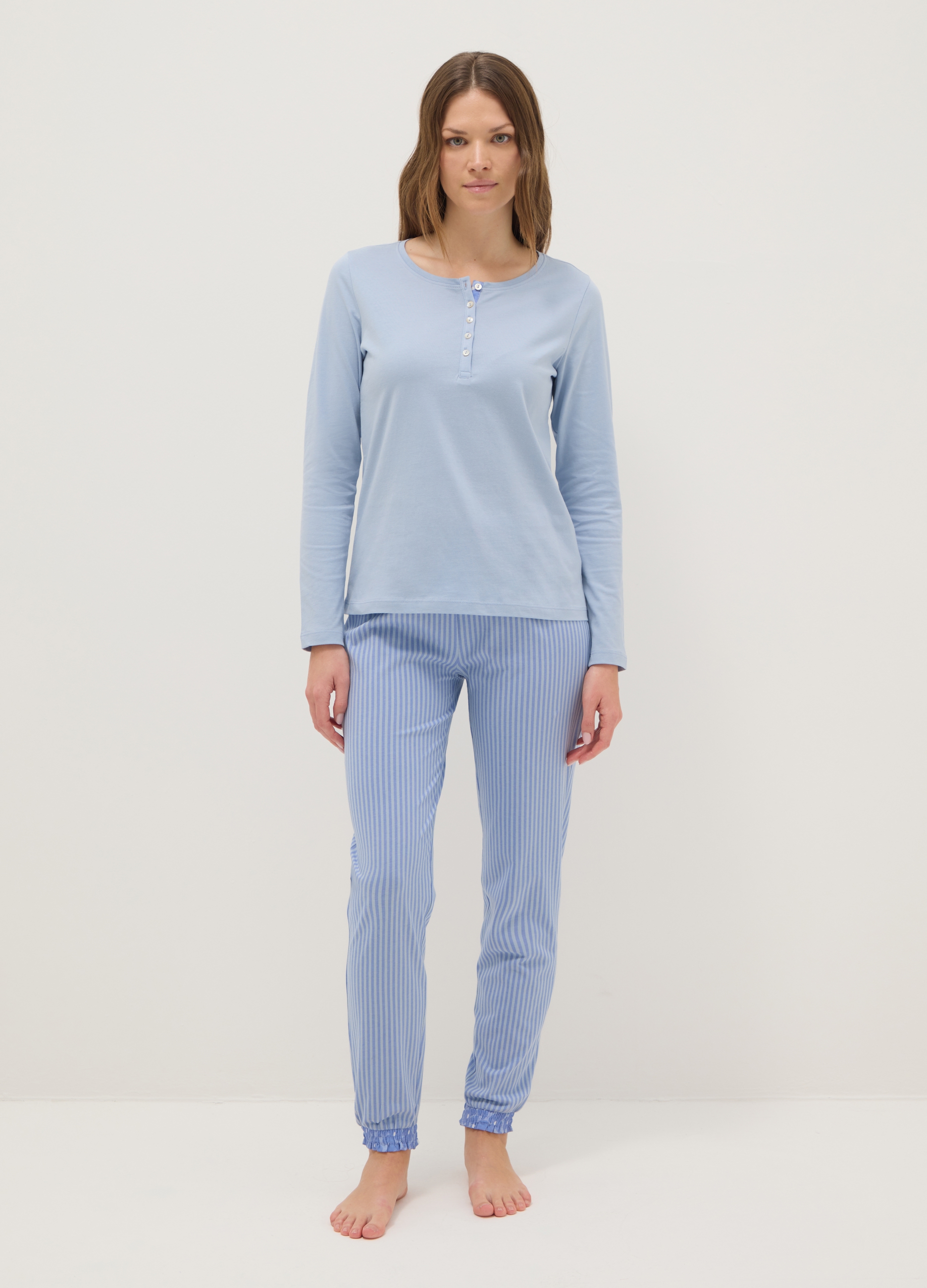 OVS, Pigiama Azzurro A Righe In Puro Cotone Regular Fit, Donna, Azzurro, Taglia: S