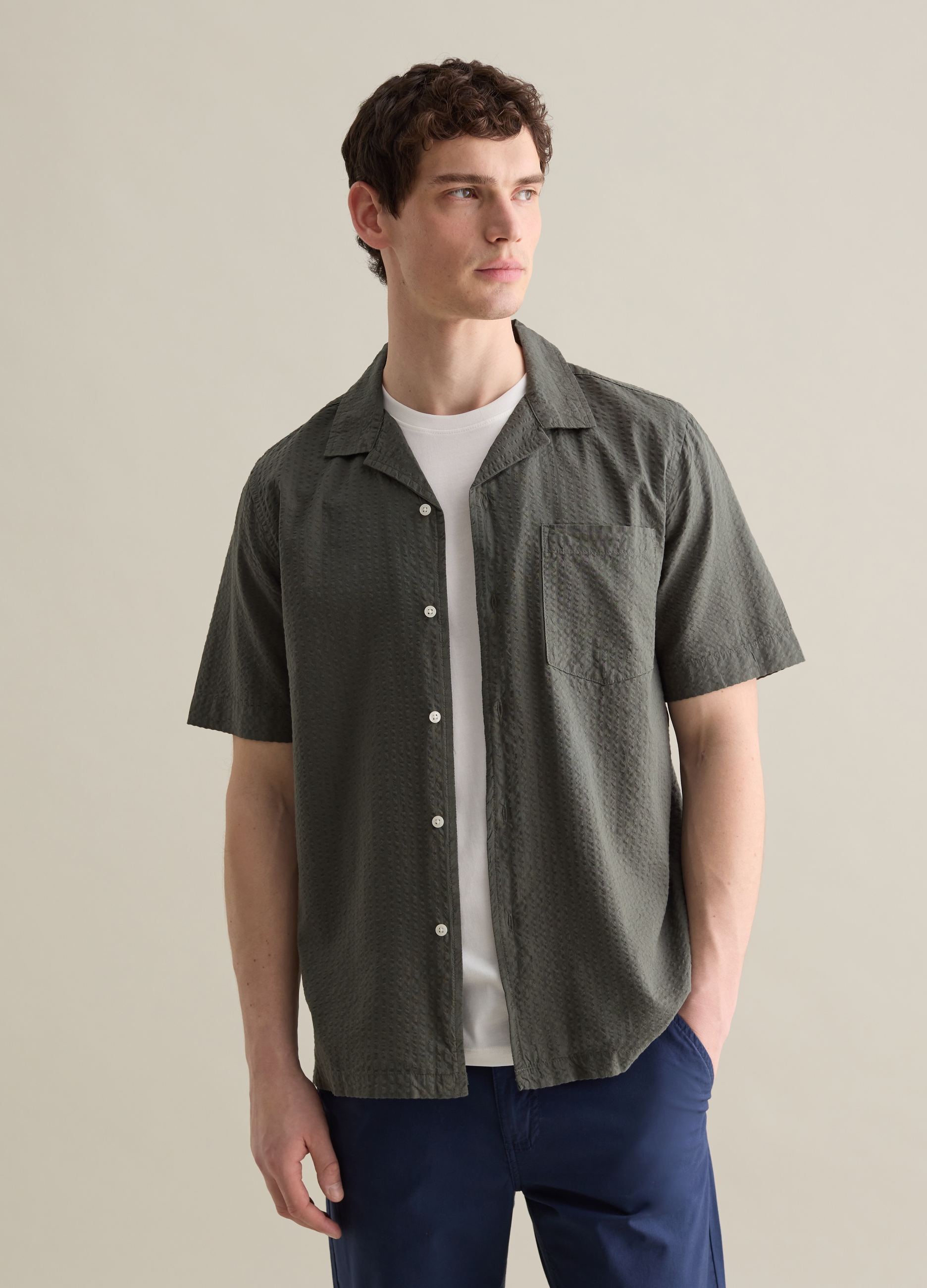 OVS, Camisa Verde De Algodón Con Cuello Estilo Bolos, Hombre, Verde oscuro, Talla: S