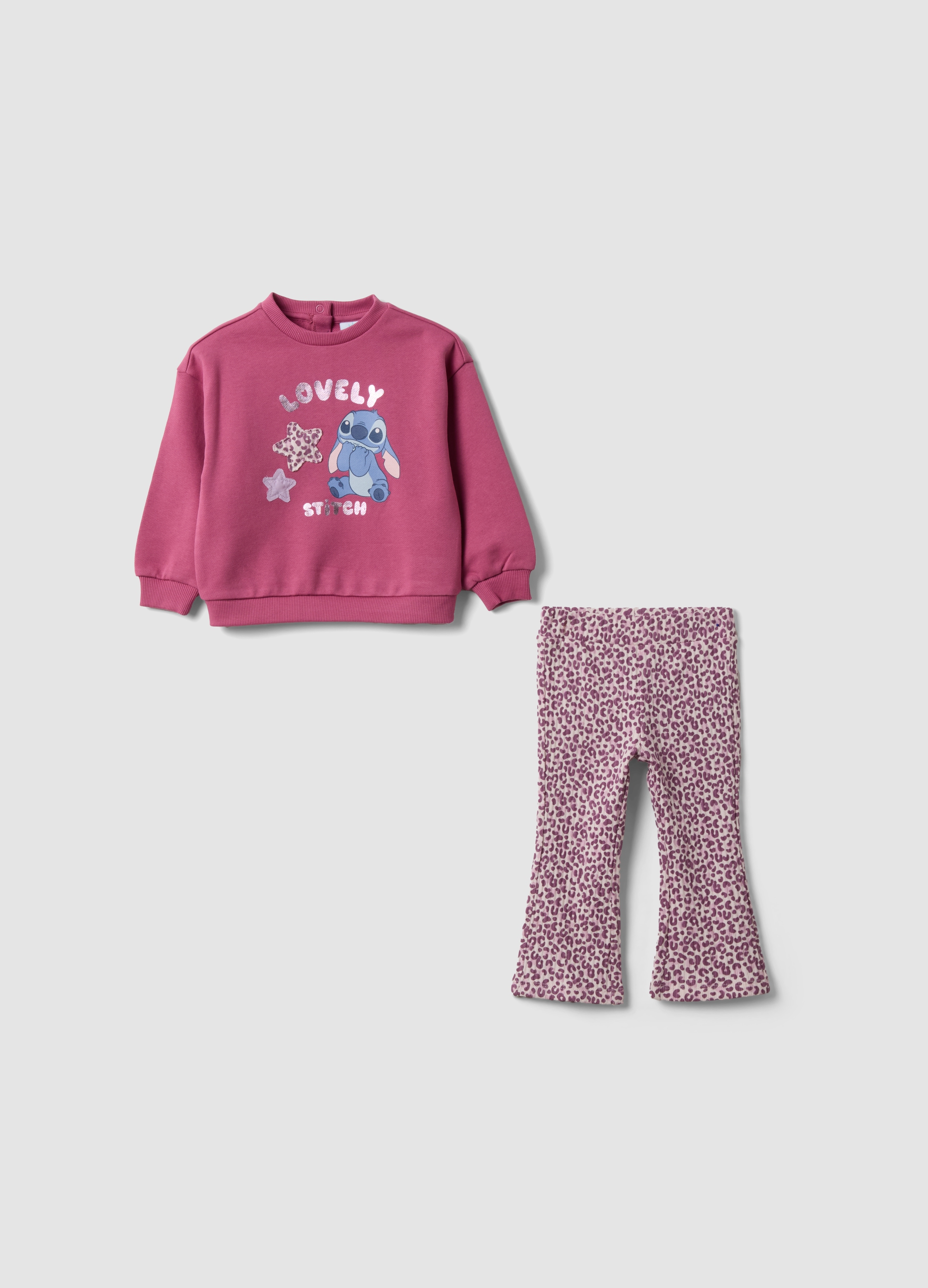 FAGOTTINO, Completo Rosa In Puro Cotone Con Felpa E Leggings Stampa Lilo & Stitch Per Bimba, Bambina, Rosa, Taglia: 18-24