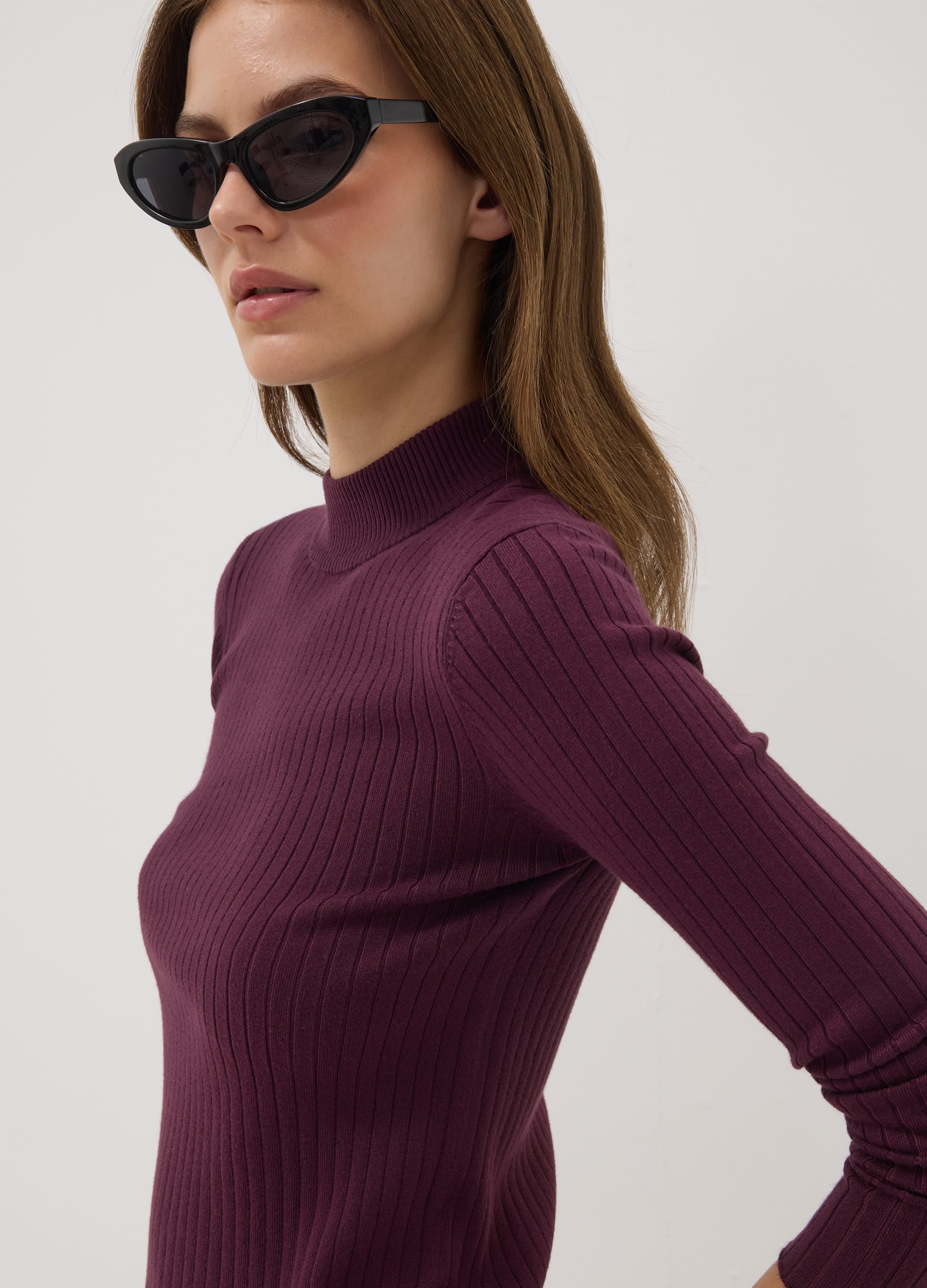 OVS, Maglia Viola In Misto Viscosa A Costine Con Collo Rialzato, Donna, Rosso, Taglia: S