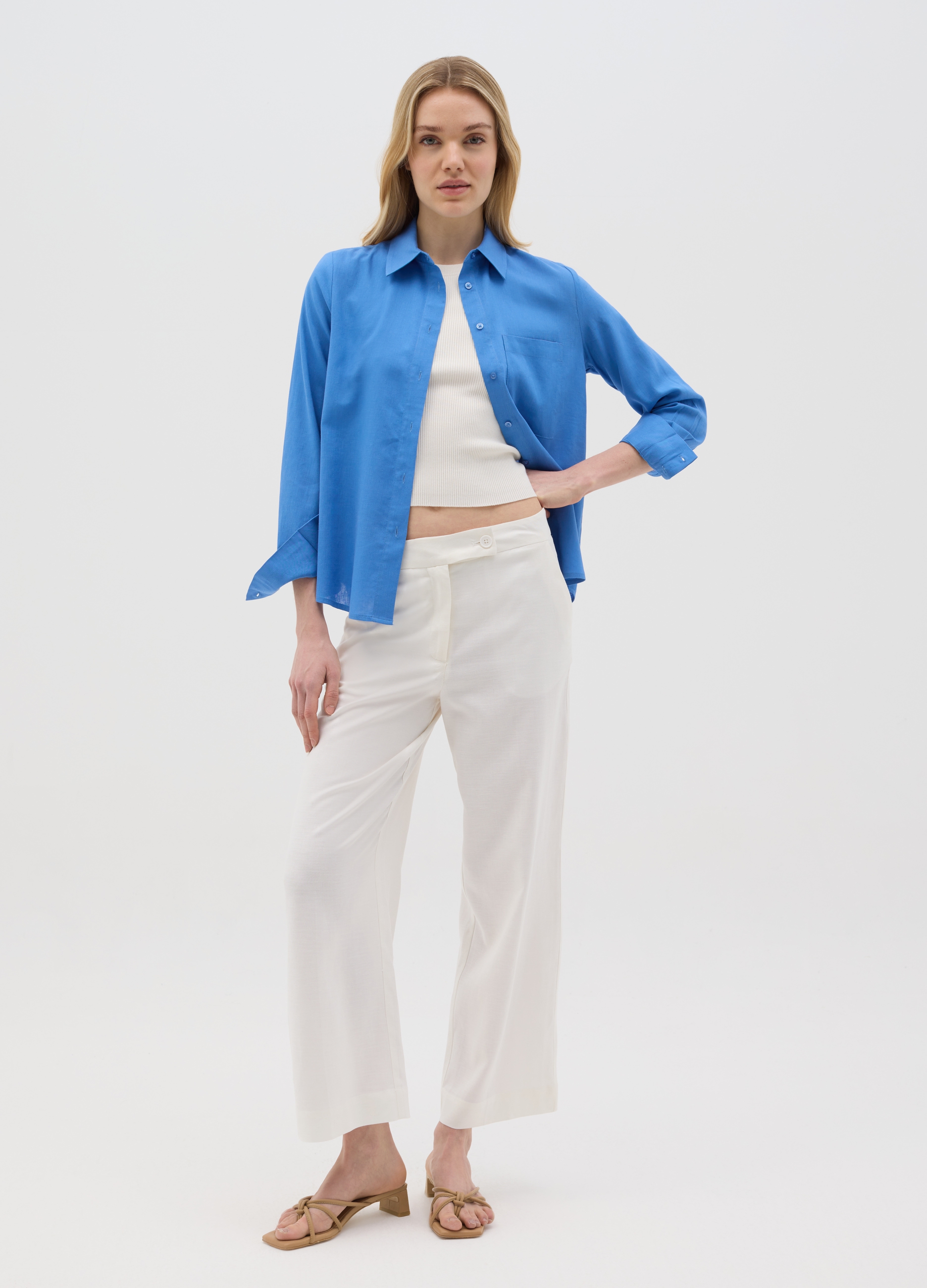 OVS , Camicia Da Donna In Misto Lino Azzurra Regular Fit, Azzurro, Taglia: 44