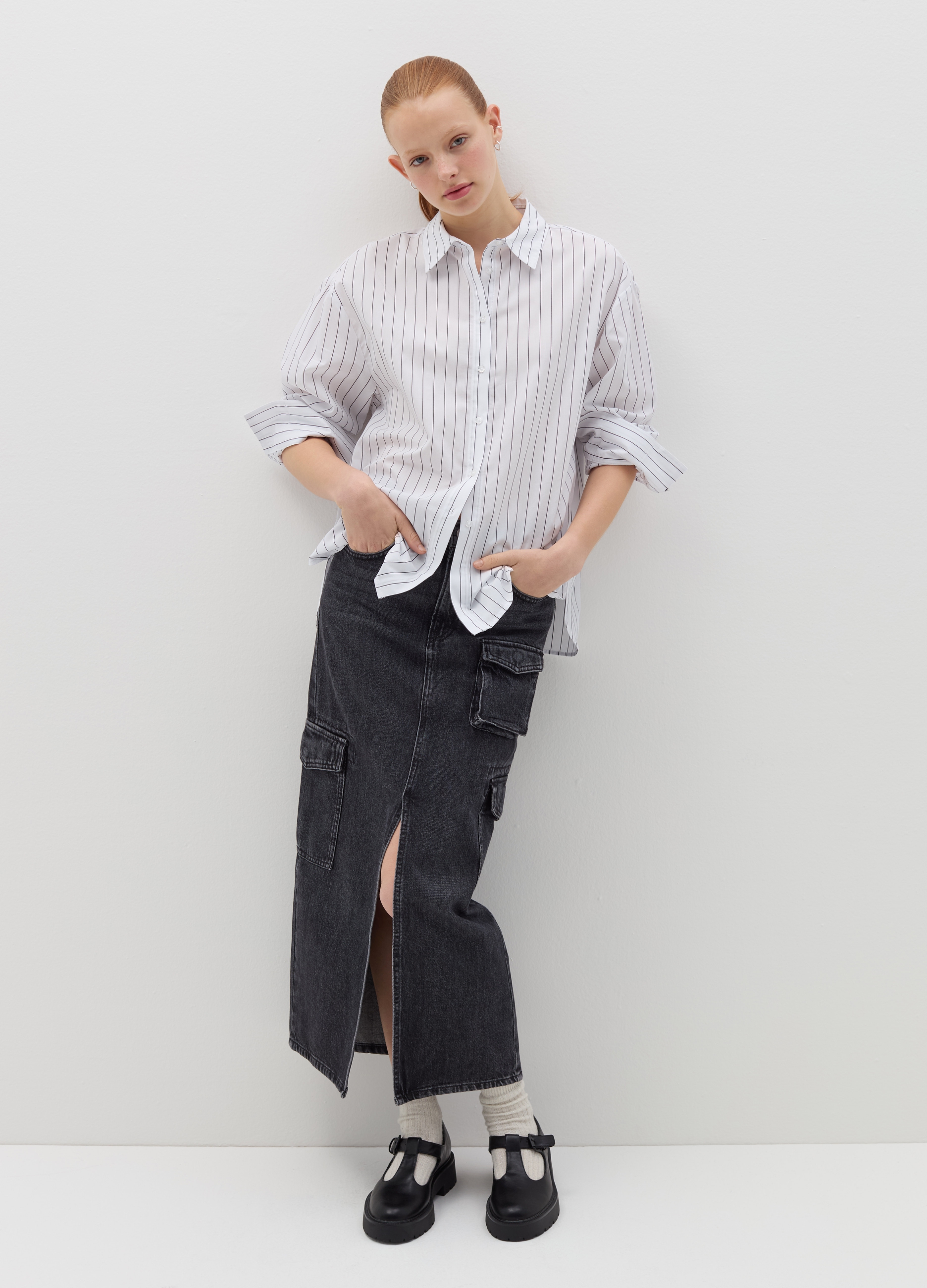 B.ANGEL, Camicia Over In Popeline A Righe Sottili, Donna, Bianco, Taglia: S