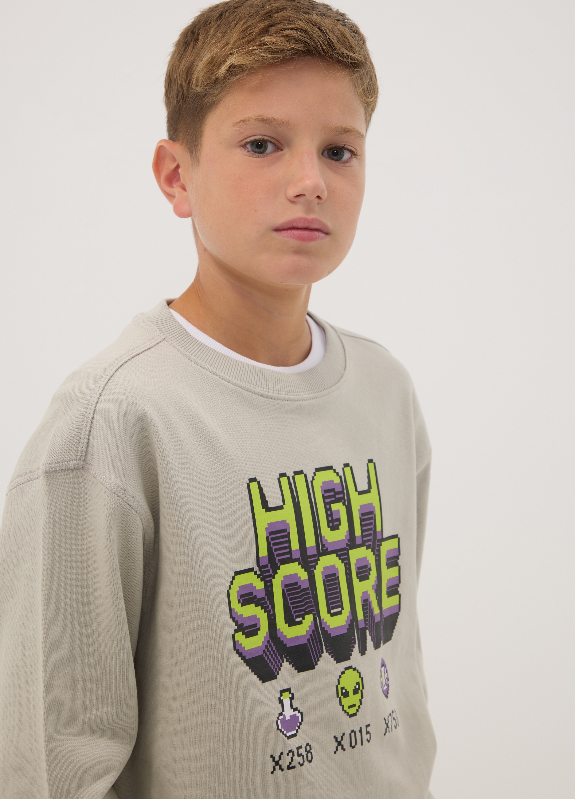 OVS KIDS, Felpa Grigia In Puro Cotone Con Stampa Gaming E Girocollo, Bambino, Grigio, Taglia: 11-12