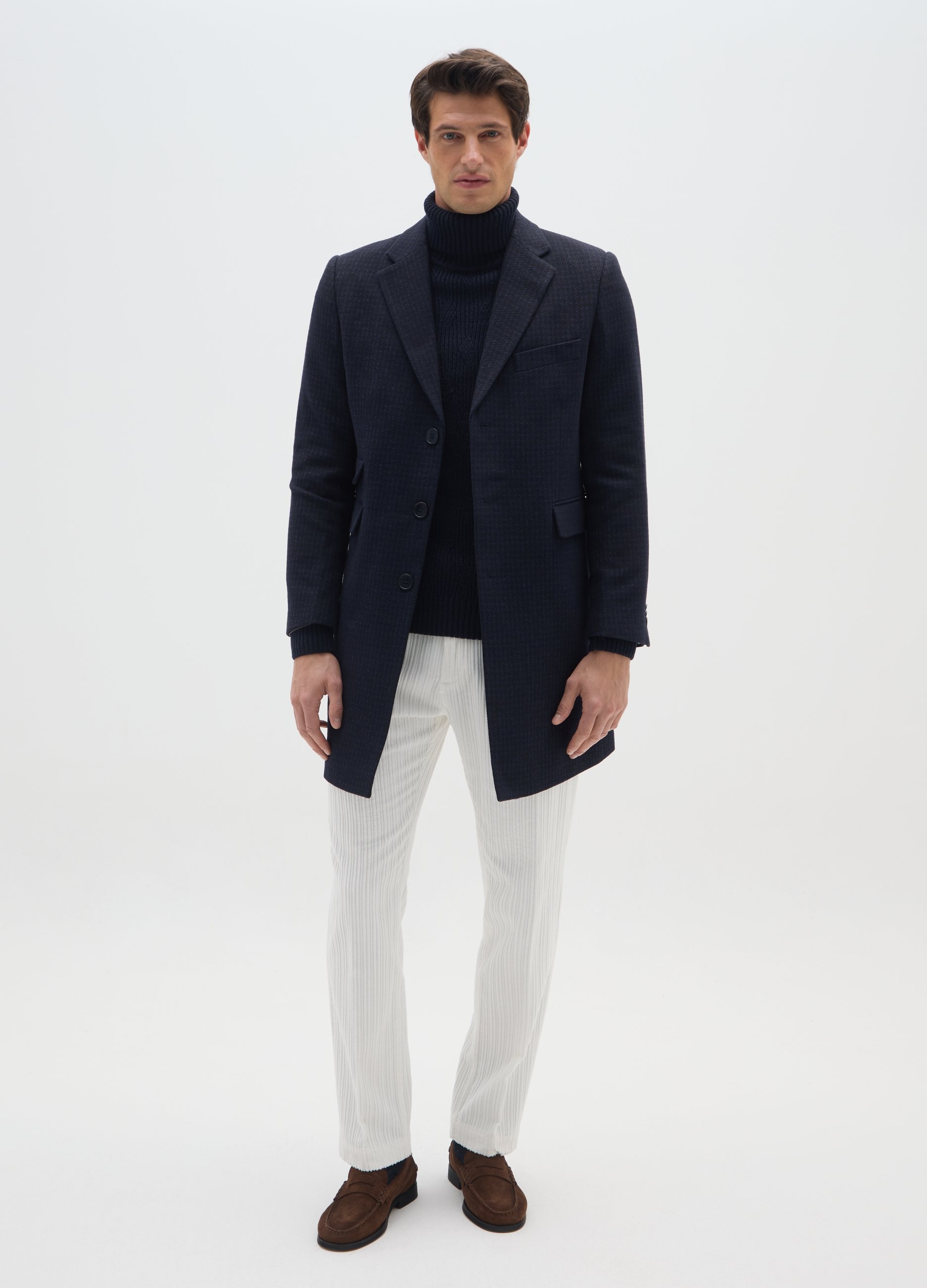 BST.1957, Cappotto Lungo Blu A Quadri Regular Fit In Pied De Poule, Uomo, Blu, Taglia: 52