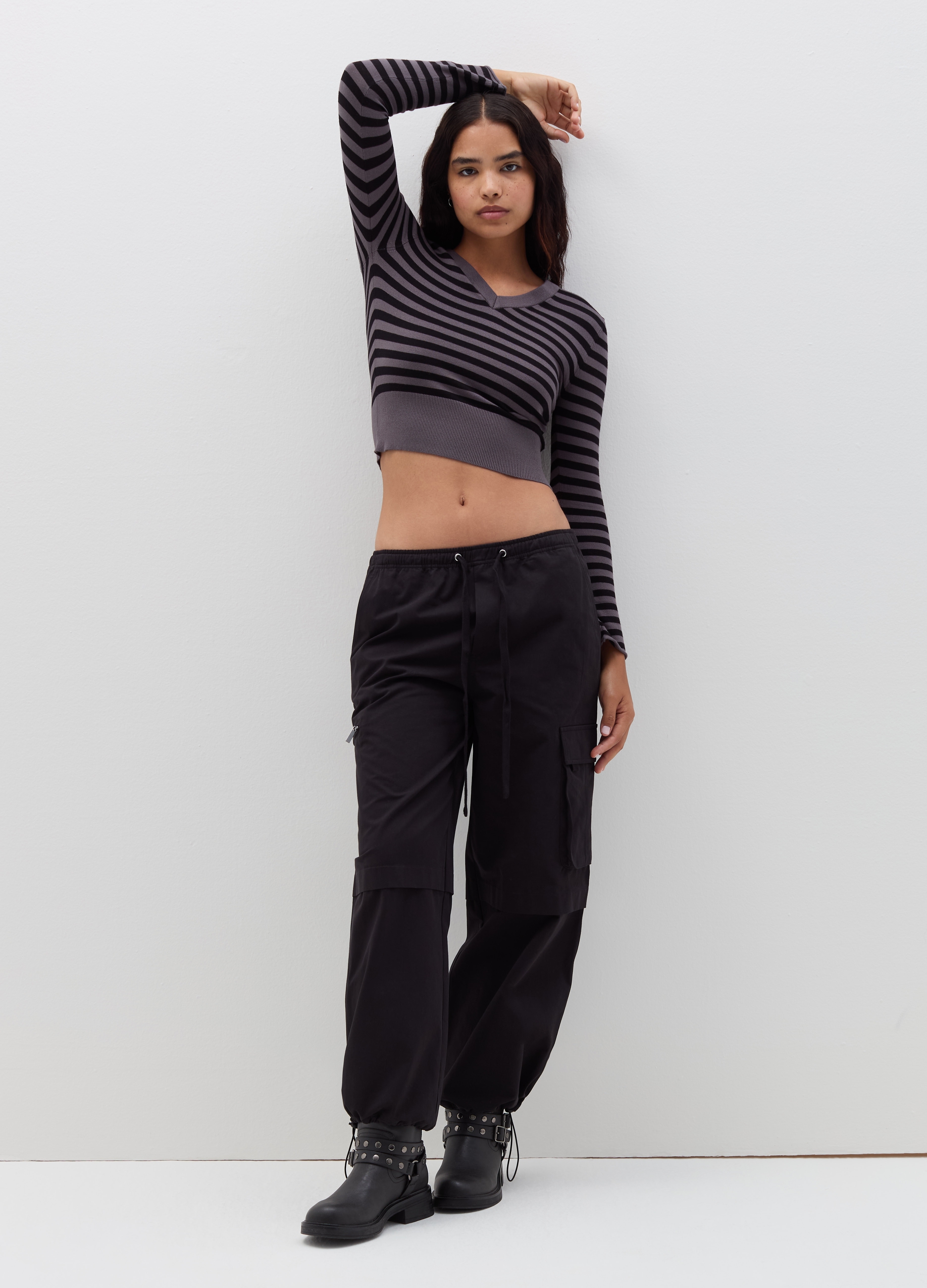 B.ANGEL, Pullover Crop A Righe Con Scollo A V, Donna, Multicolor, Taglia: L