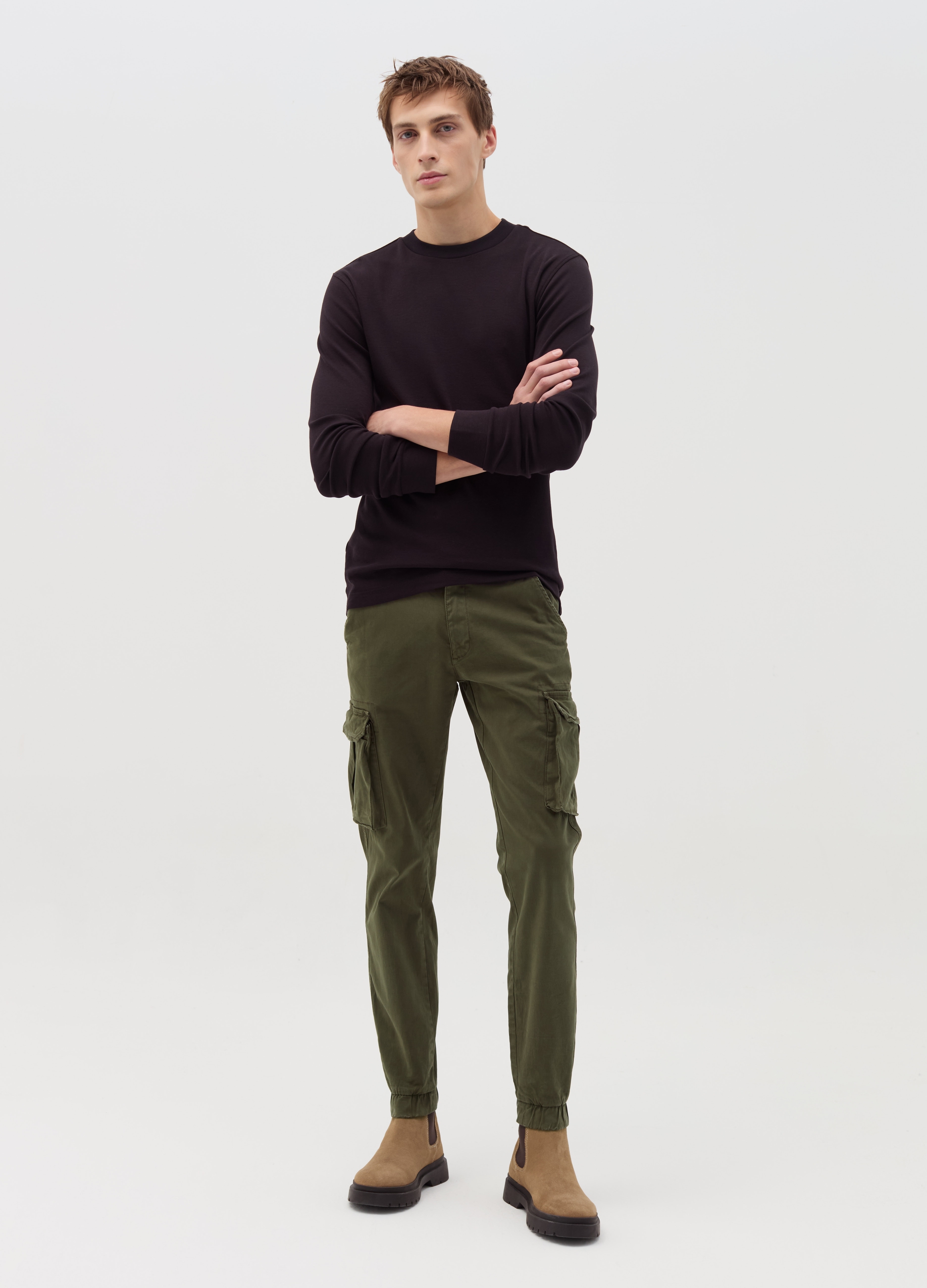 Pantalón Cargo Cuff-hem De Algodón Elástico, Hombre, Verde bosque, Talla: 44