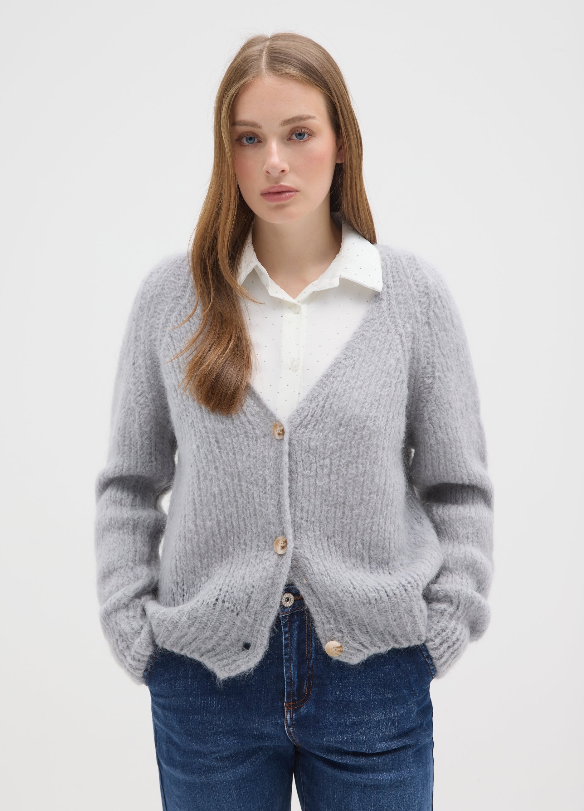 HYBRID, Cardigan Grigio Con Scollo A V In Mohair E Lana Regular Fit, Donna, Grigio, Taglia: FASUL