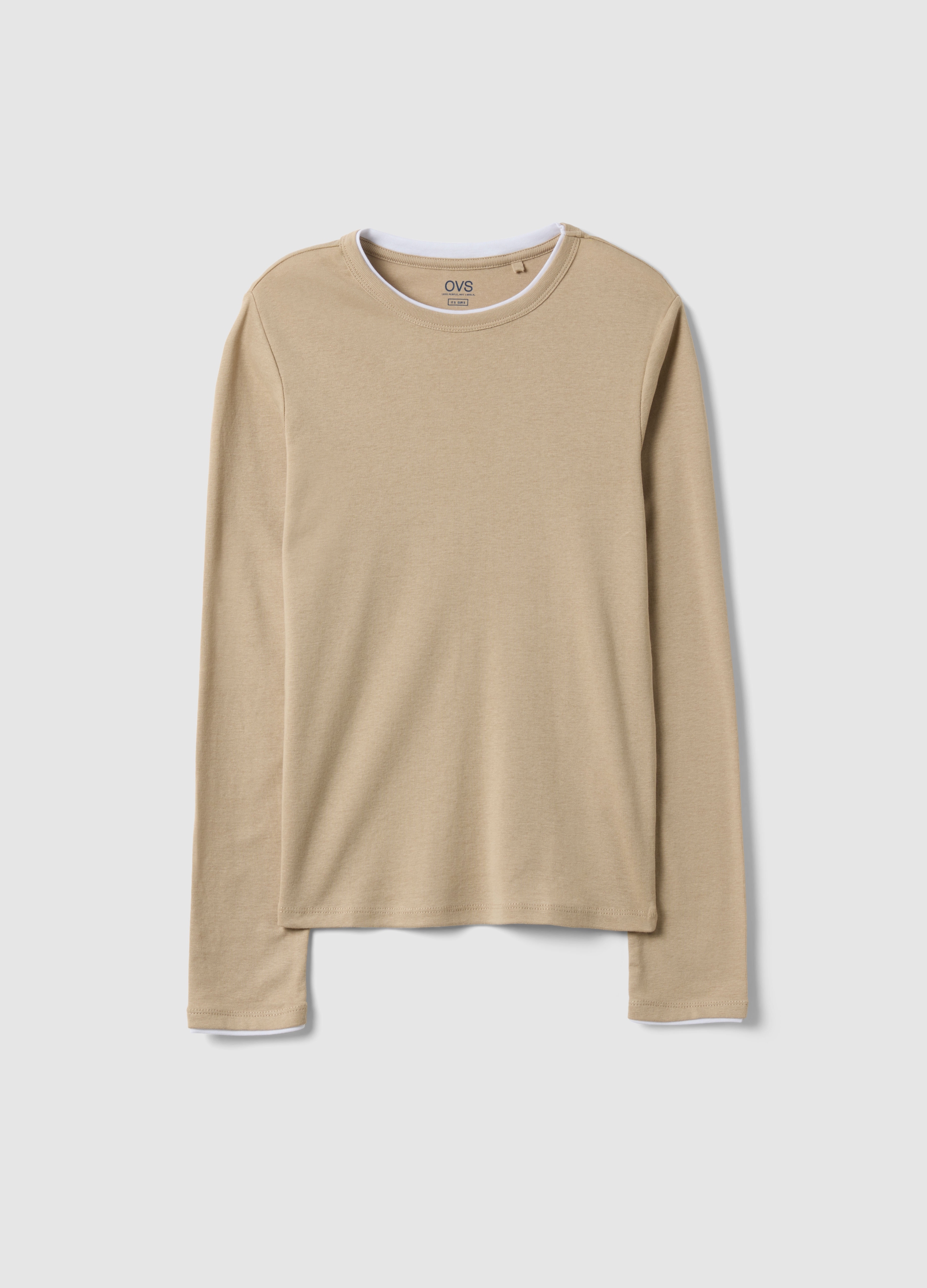 Camiseta Beige De Manga Larga En Puro Algodón Corte Regular, Mujer, Beige Jaspeado, Talla: XXL