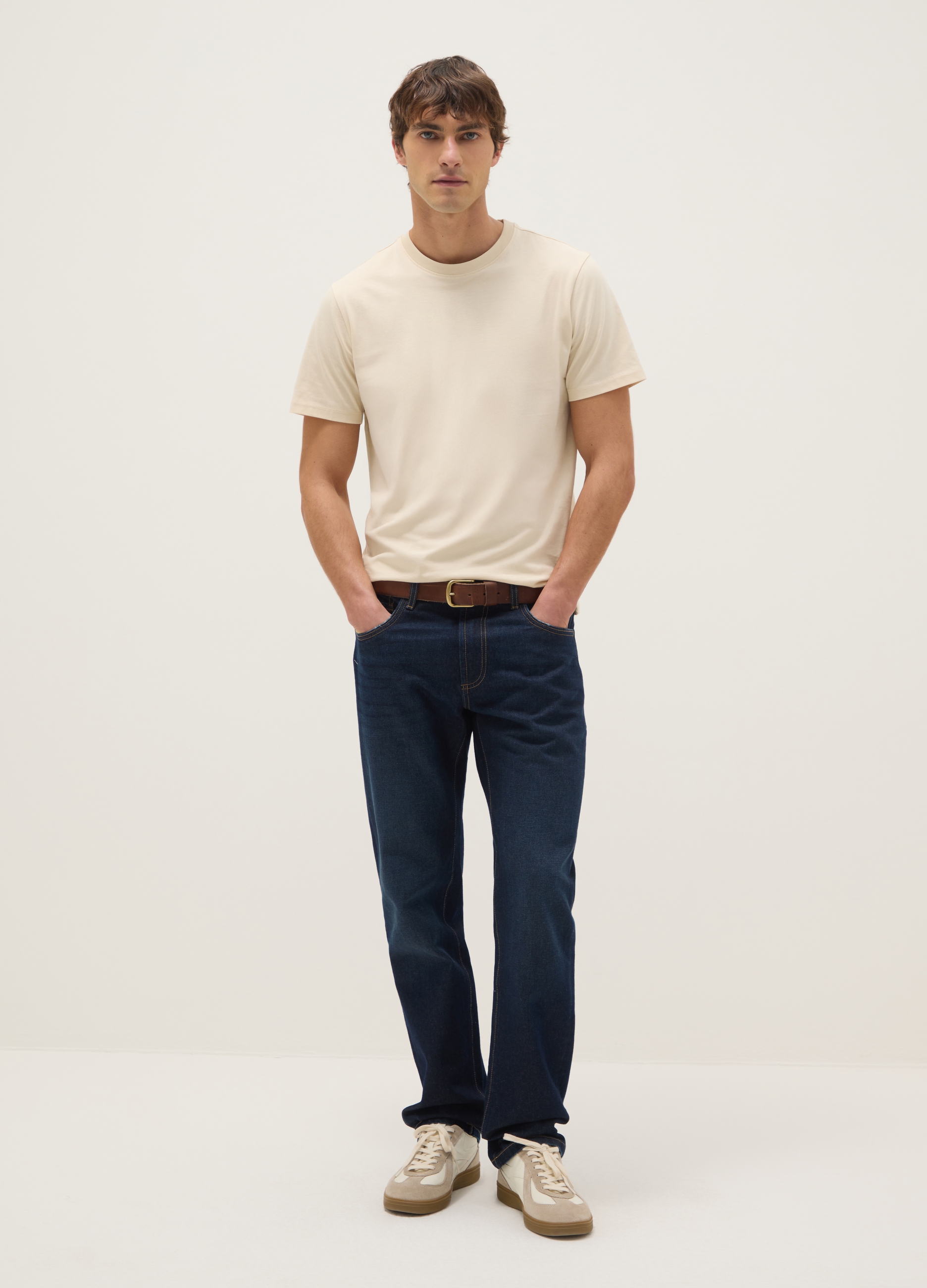 Camiseta Beige De Algodón Puro Ajuste Regular, Hombre, Beige Claro, Talla: S