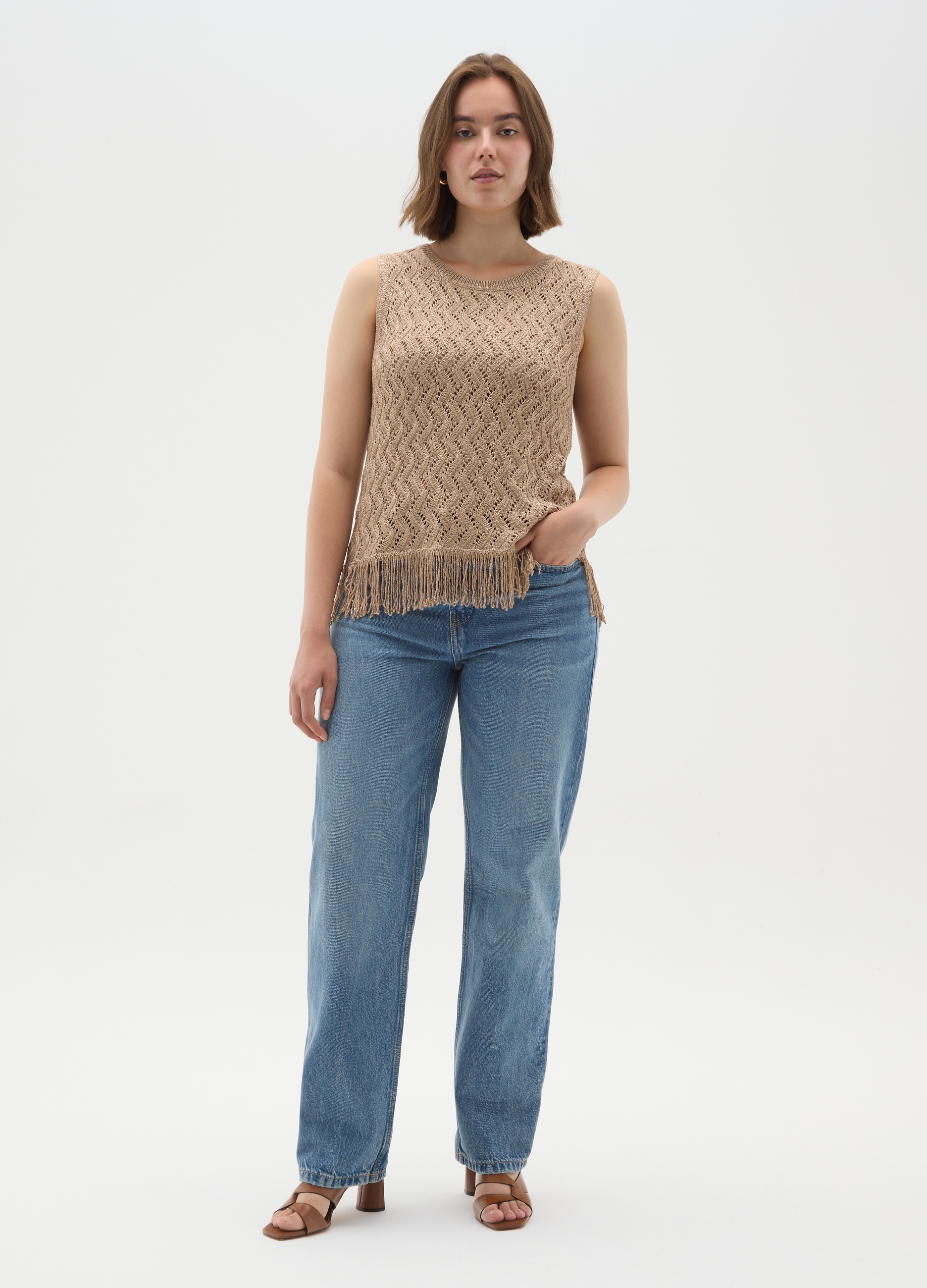 MYA, Top Da Donna In Maglia Marrone Regular Fit Con Frange, Marrone, Taglia: M