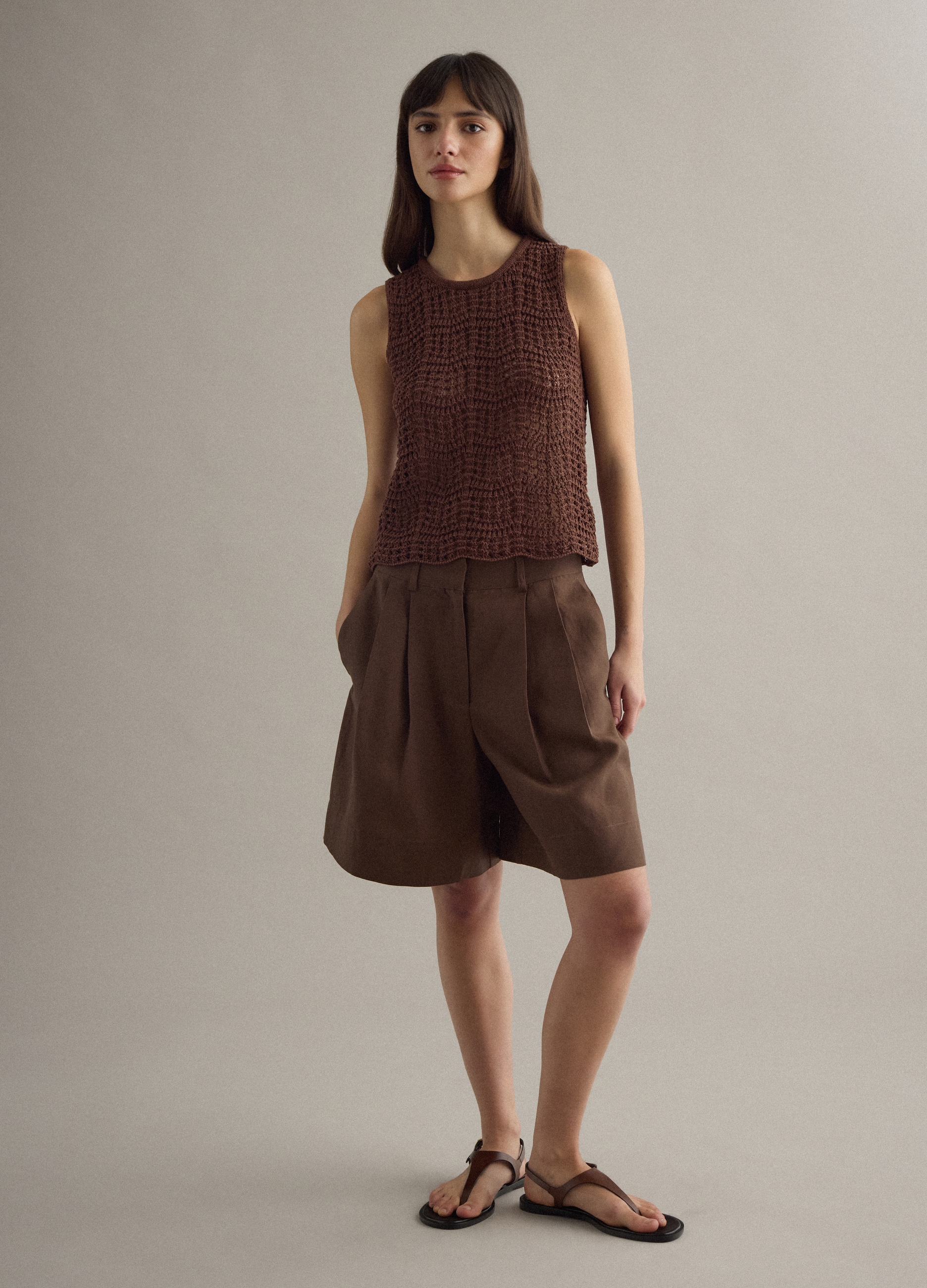 Piombo Contemporary, Camiseta Sin Mangas Marrón De Ajuste Regular En Mezcla De Algodón Con Textura De Malla, Mujer, Marrón oscuro, Talla: 38