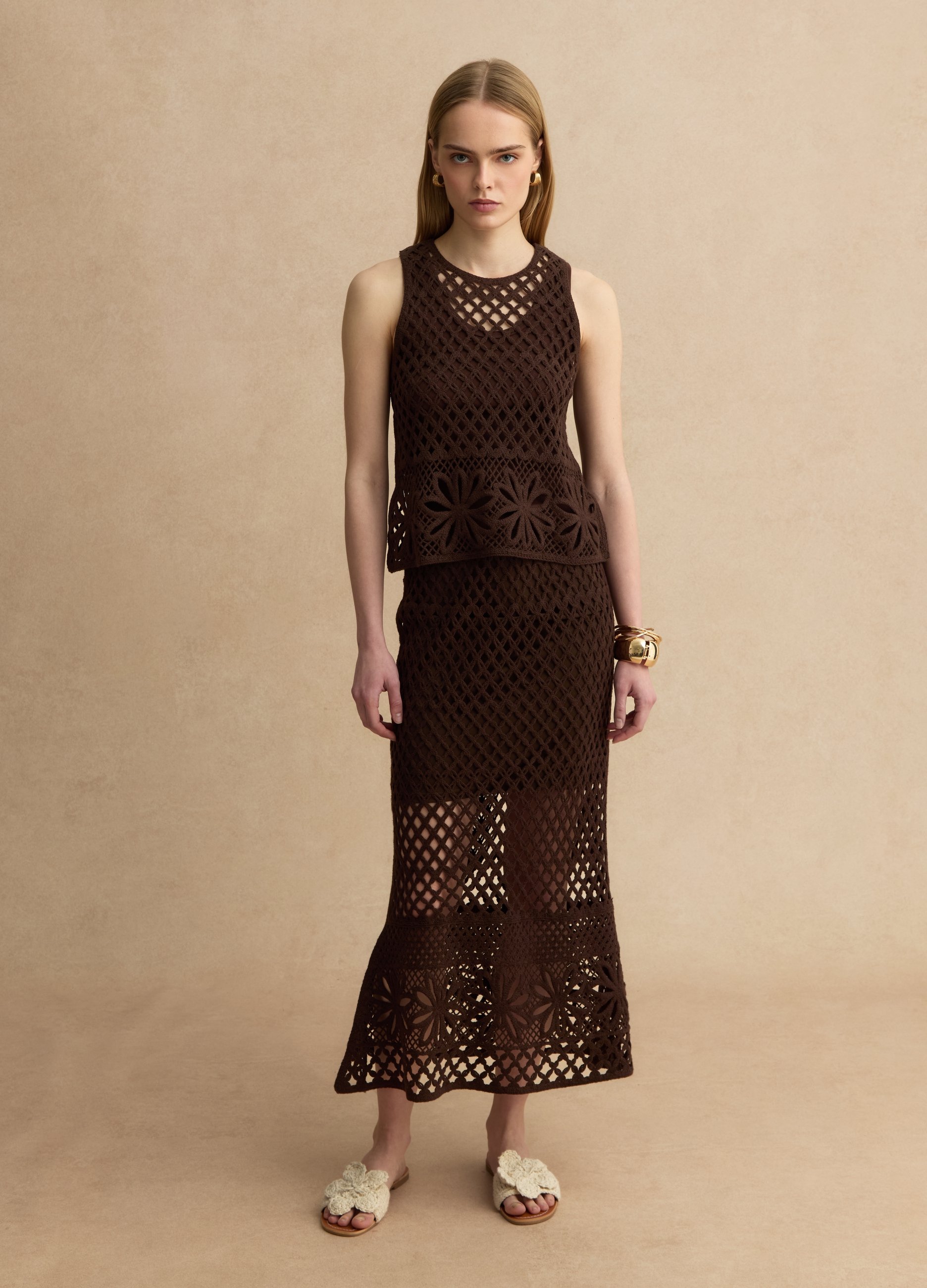 LES COPAINS, Gonna Lunga In Misto Cotone Marrone Regular Fit Con Design A Maglia, Donna, Marrone, Taglia: L