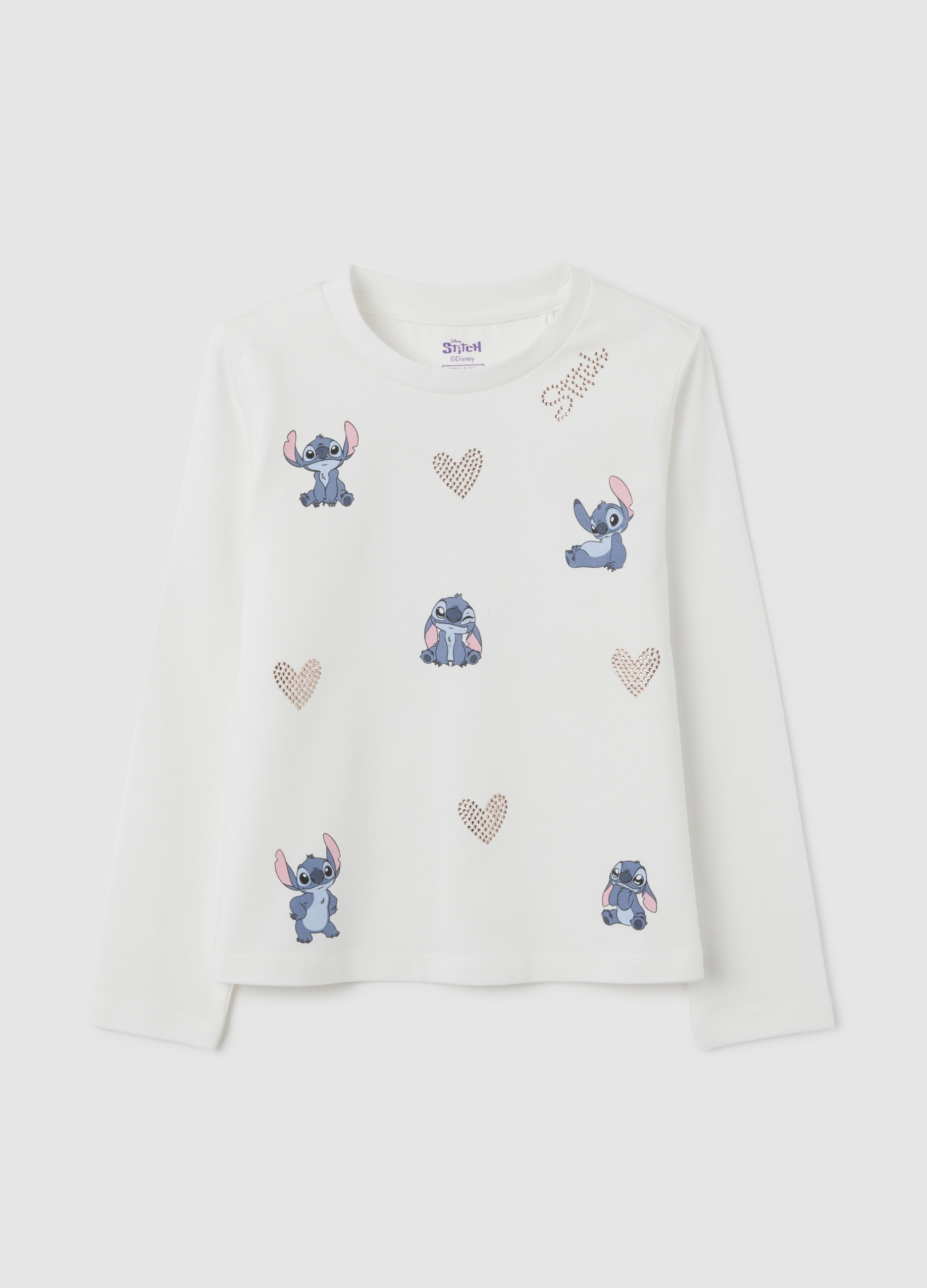 OVS, Maglia Da Bambina In Cotone Elasticizzato Bianca Regular Fit Con Stampa Stitch, Bianco, Taglia: 4-5