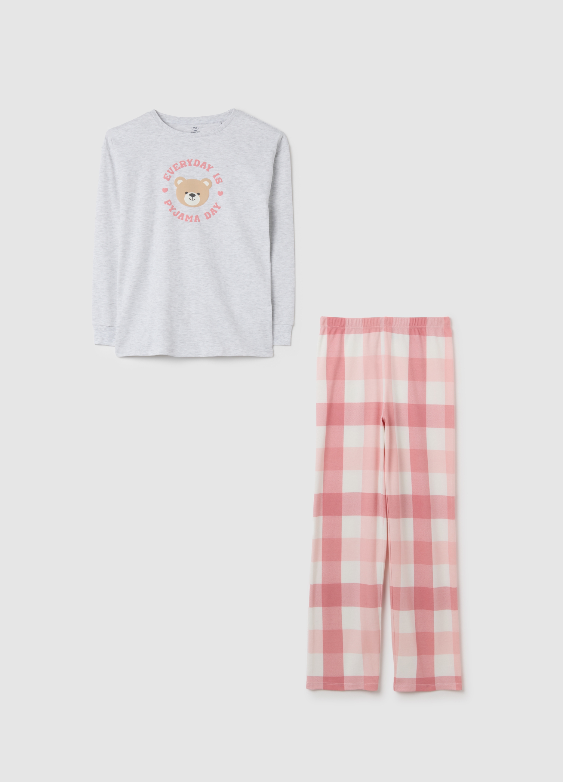 OVS KIDS, Pigiama Grigio Con Pantaloni A Quadri Rosa, Bambina, Bianco, Taglia: 14-15