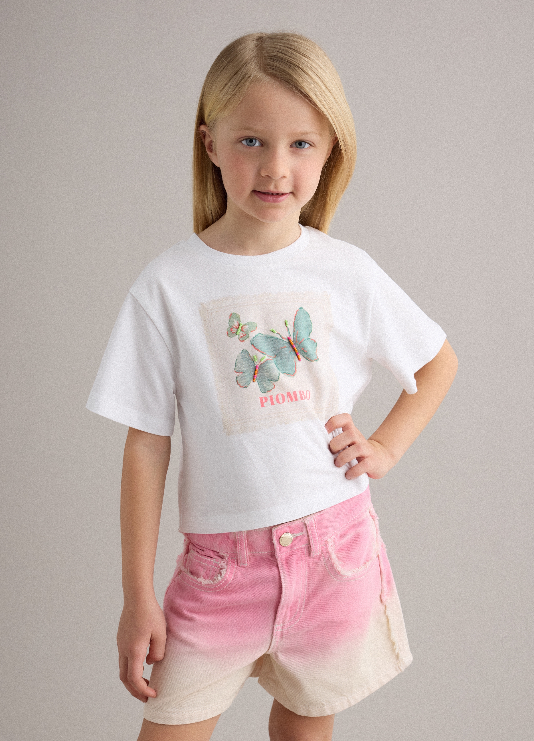 PIOMBO KIDS, Camiseta Blanca De Algodón Elástico Para Niña Con Mariposas, Niña, Blanco óptico, Talla: 6