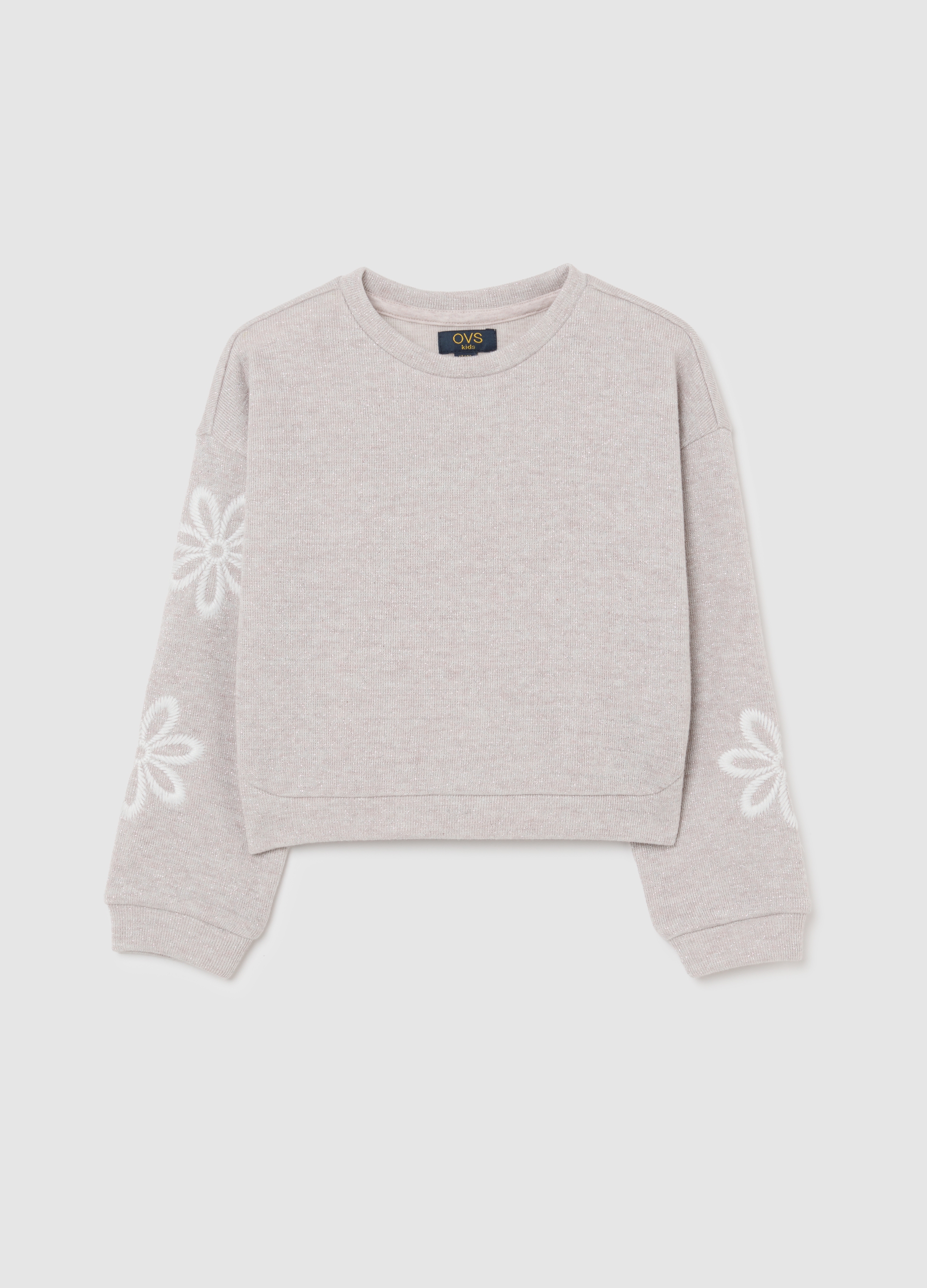 OVS KIDS, Felpa Beige Da Bambina In Misto Cotone Regular Fit Con Fiori Ricamati, Beige, Taglia: 9-10