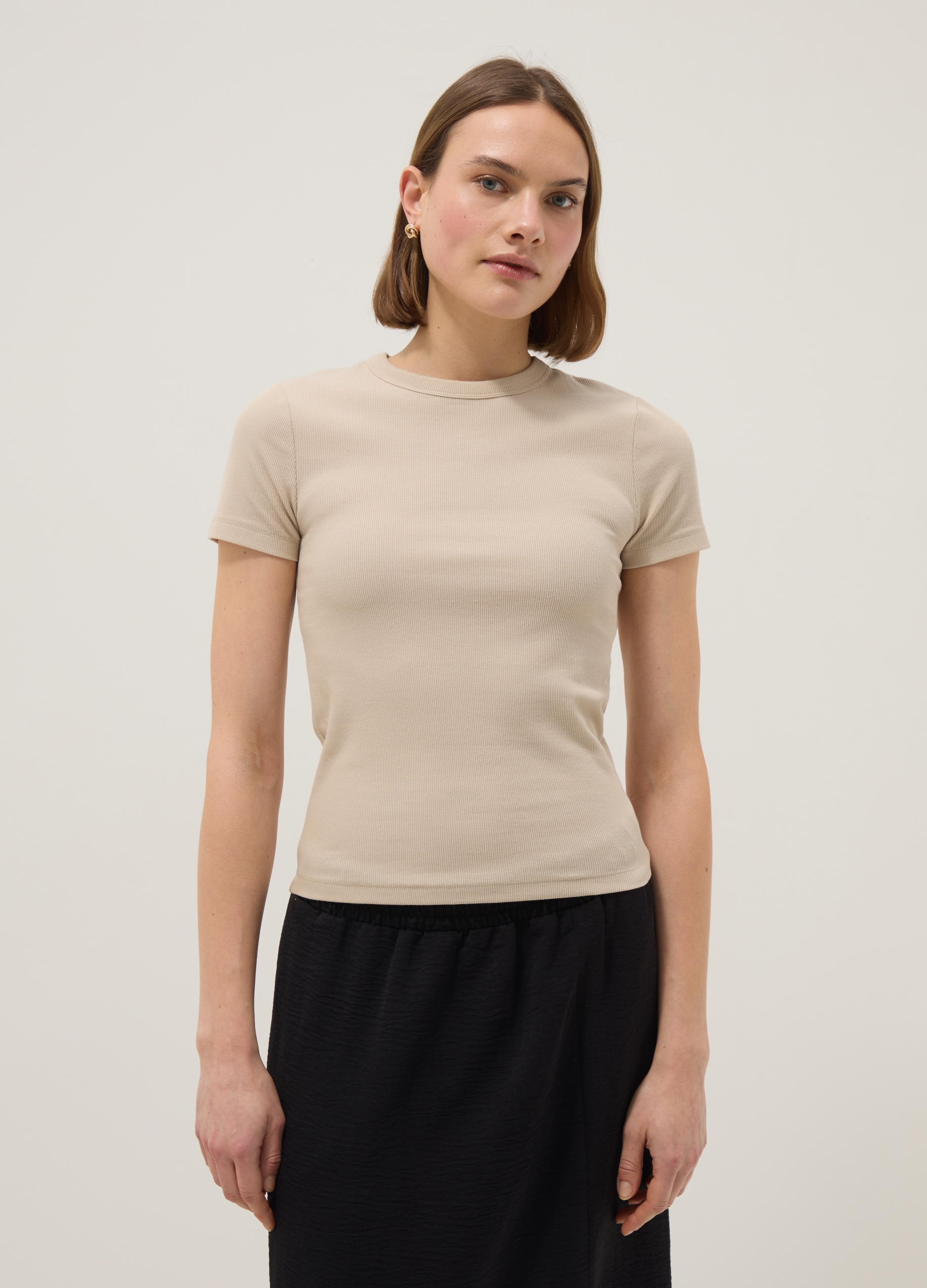 Camiseta Beige Entallada De Manga Corta En Algodón Elástico, Mujer, Beige Claro, Talla: 34