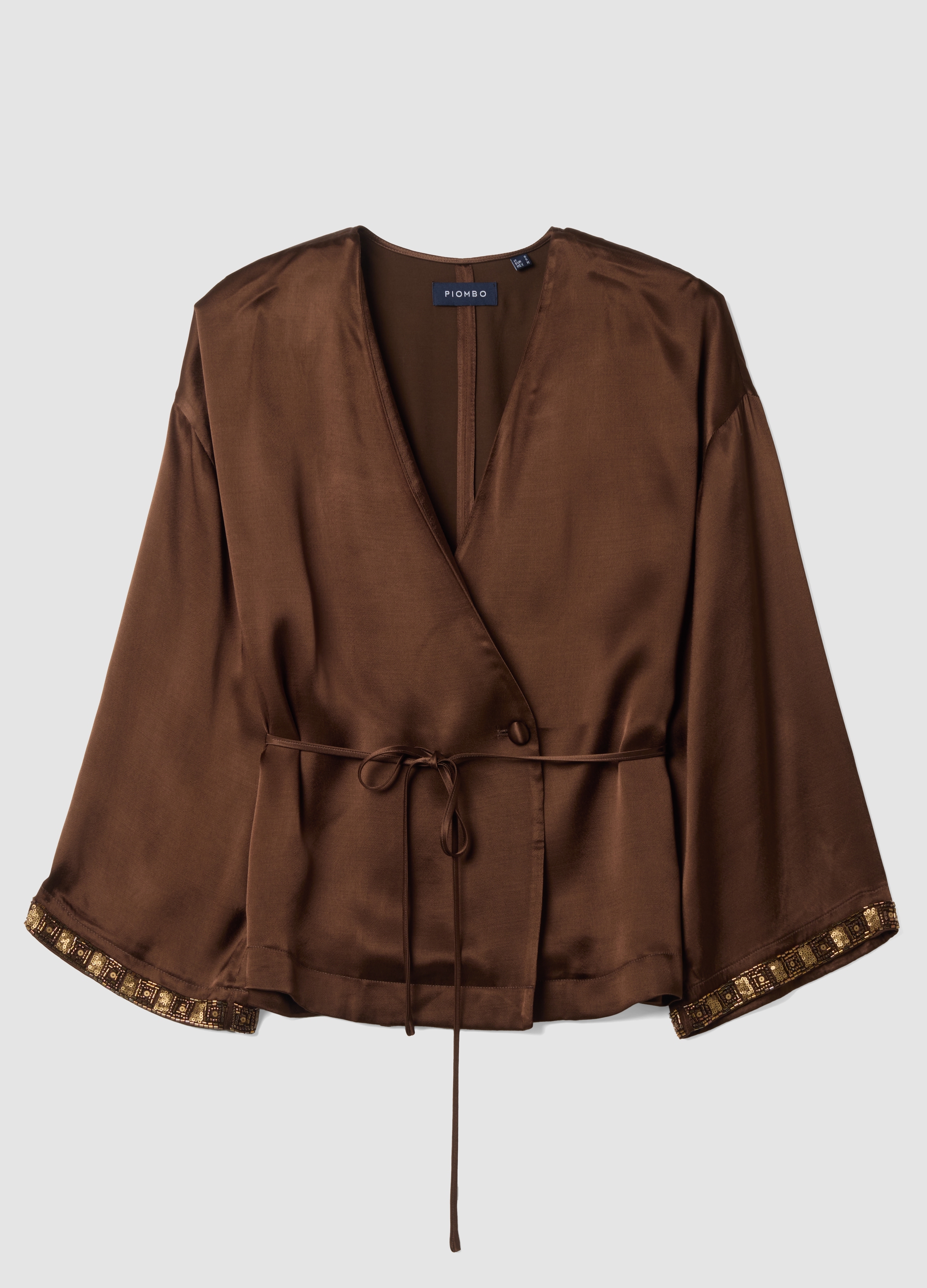 Piombo Contemporary, Kimono Blazer Marrone In Pura Viscosa Con Cintura, Donna, Marrone, Taglia: L