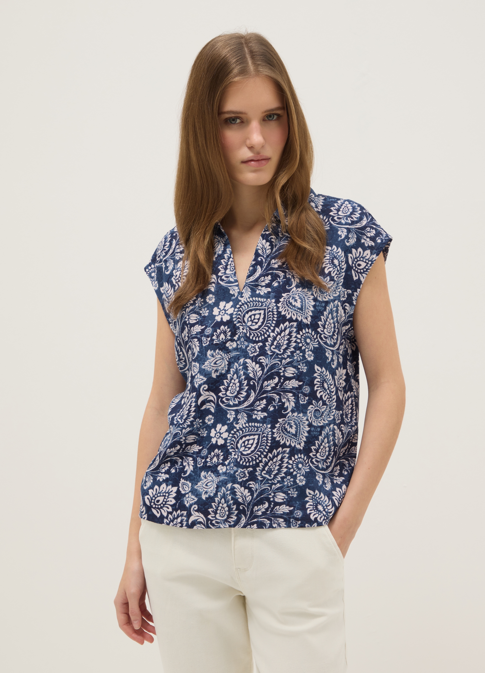 Blusa Sin Mangas De Viscosa Multicolor Pura Ajuste Regular Con Cuello En V, Mujer, Azul/Blanco, Talla: 34