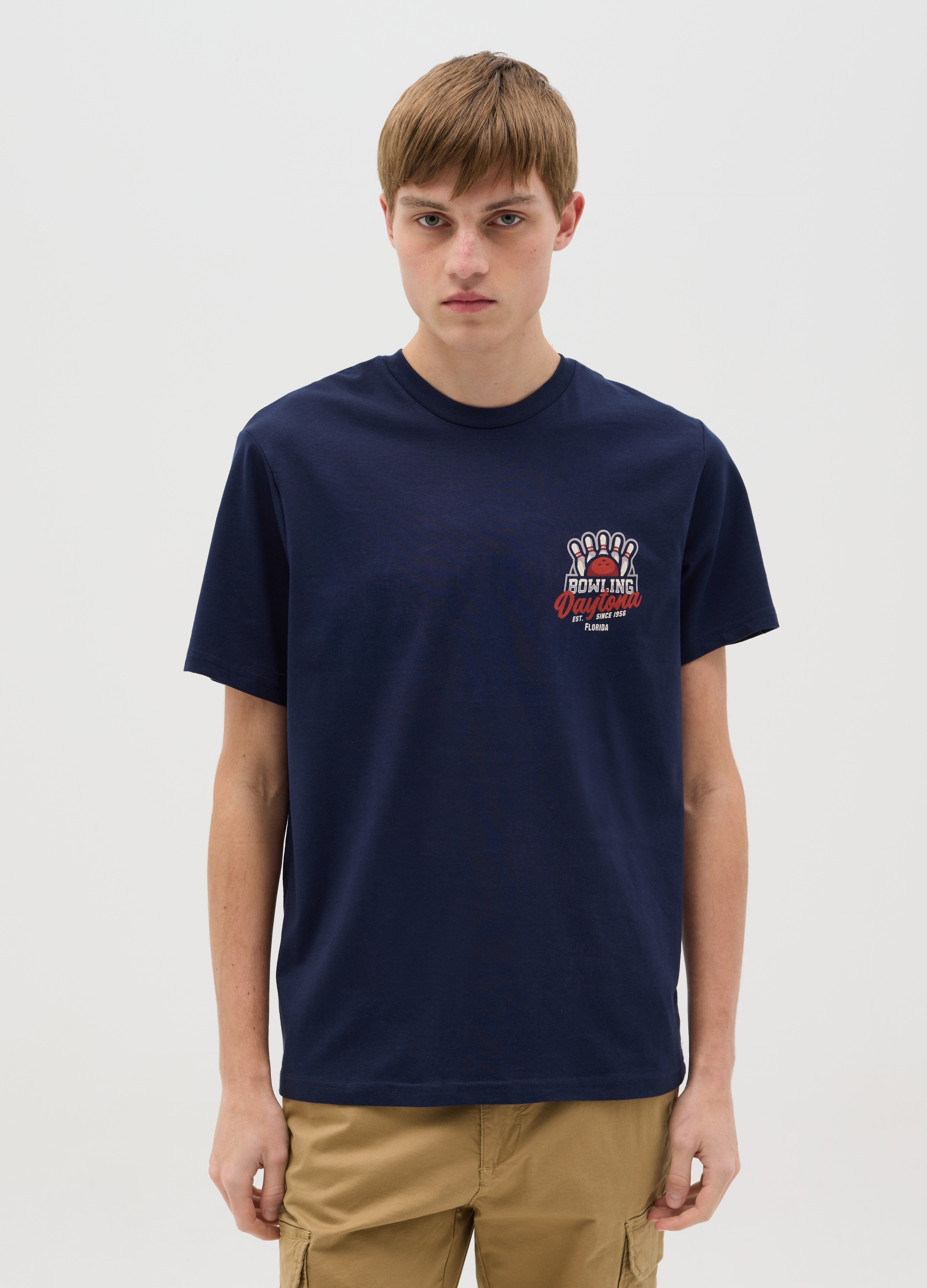 OVS , T-shirt In Cotone Con Stampa bowling Daytona, Uomo, Blu, Taglia: S