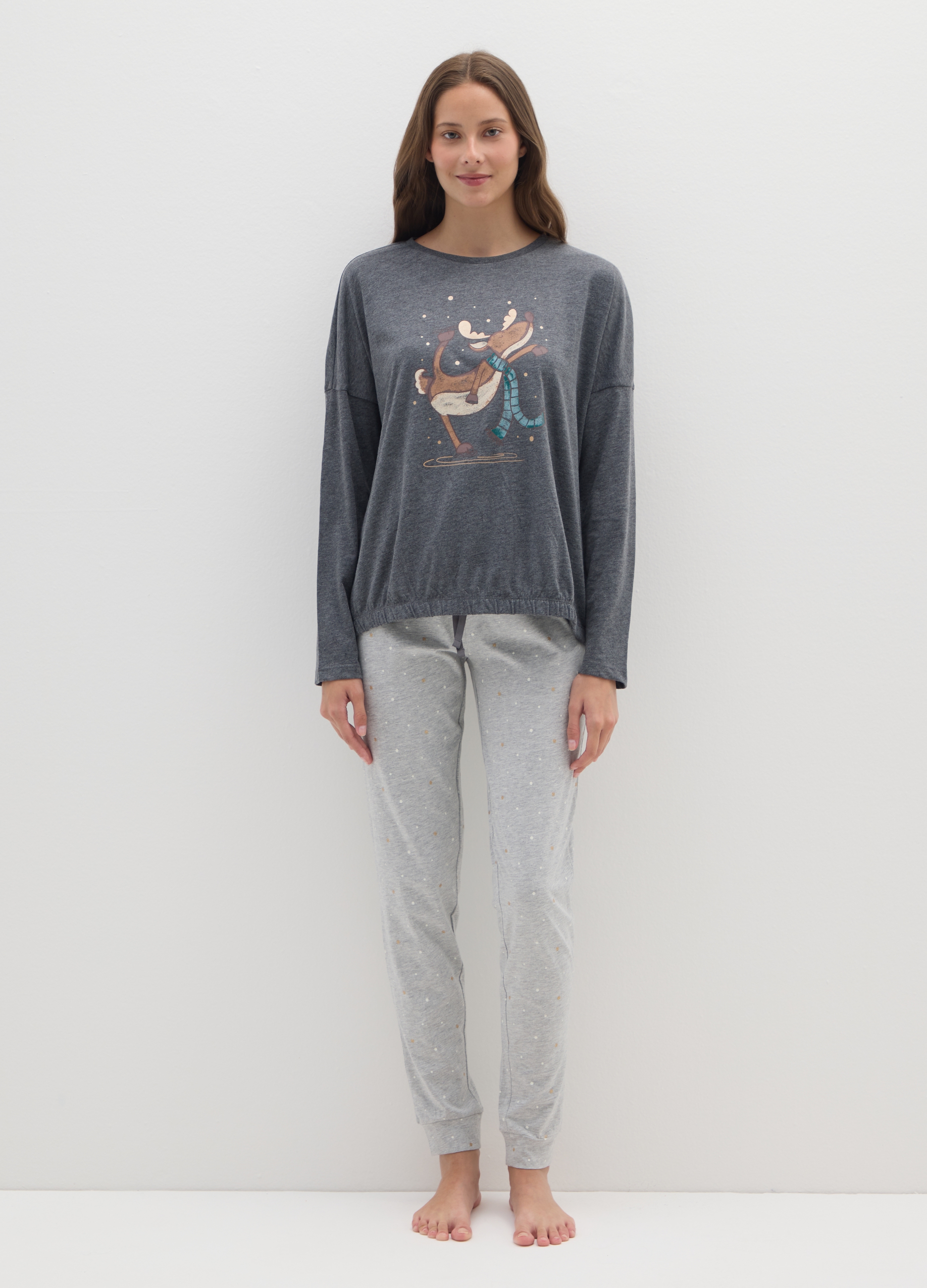 Pijama Navideño Gris En Mezcla De Algodón De Ajuste Regular Con Estampado, Mujer, Gris oscuro jaspeado, Talla: L