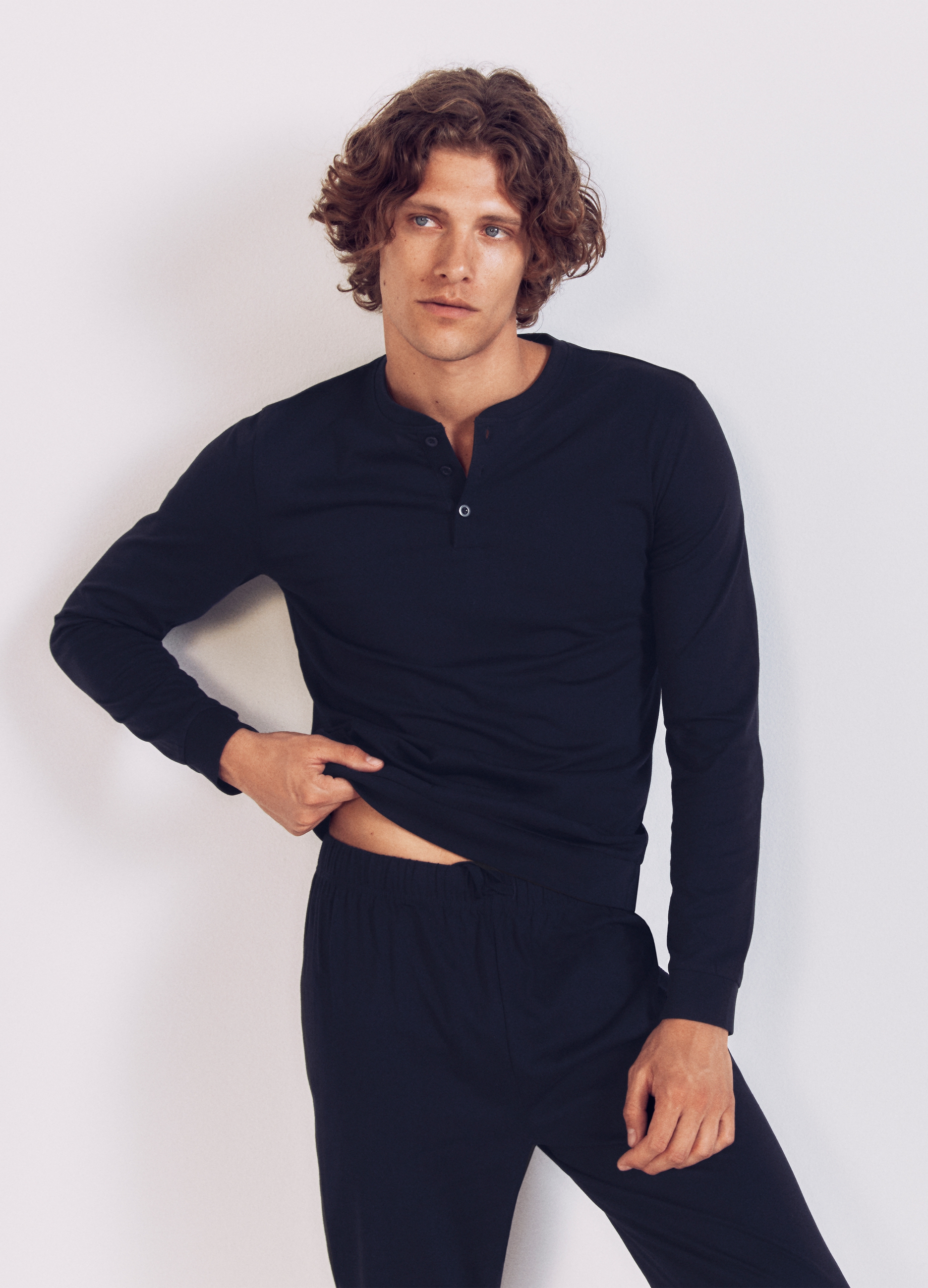 Pigiama Blu In Puro Cotone Regular Fit Con Collo Serafino, Hombre, Azul oscuro, Talla: XL