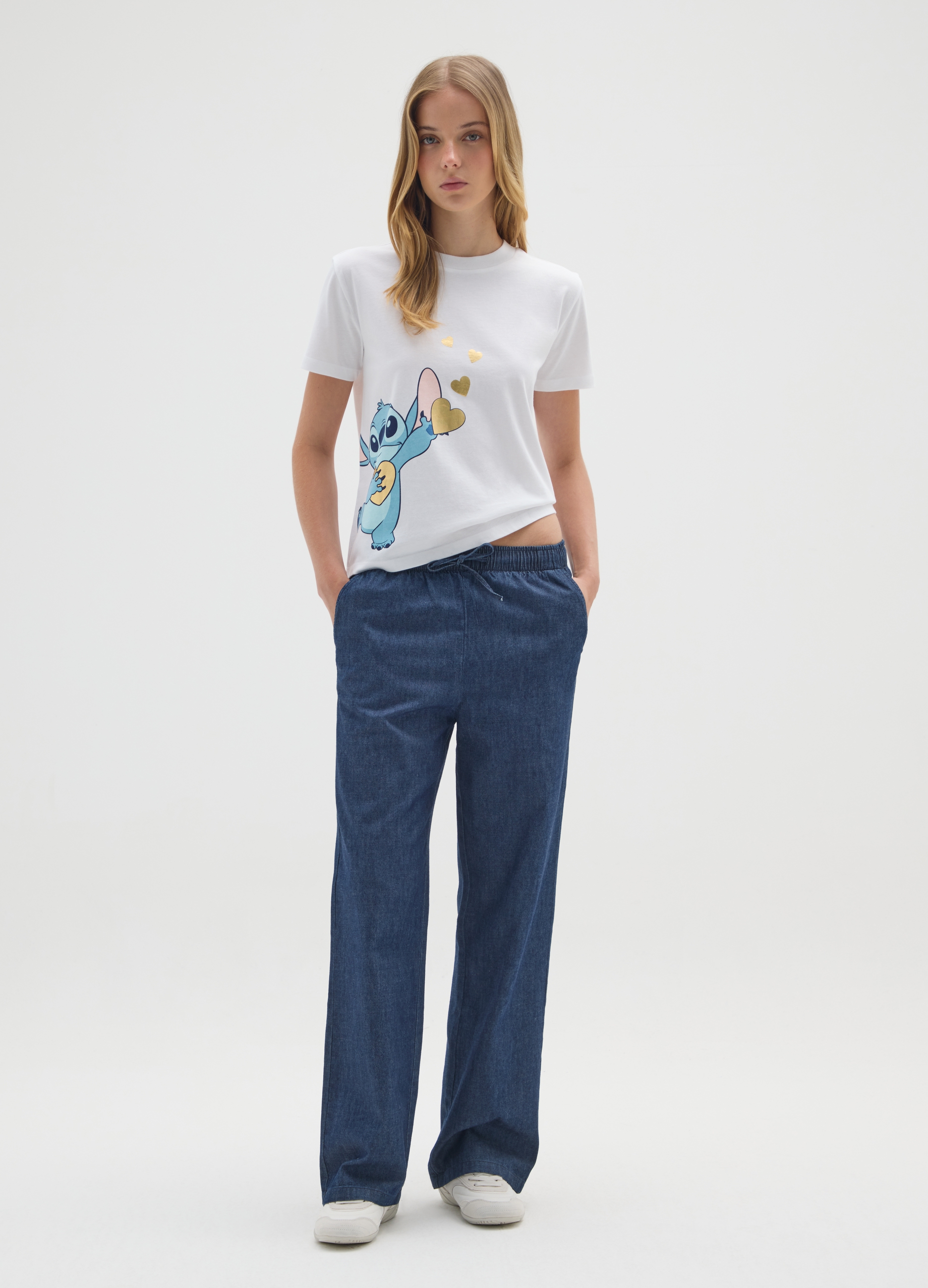 OVS, T-shirt In Puro Cotone Bianca Regular Fit Con Stampa Stitch, Donna, Bianco, Taglia: M