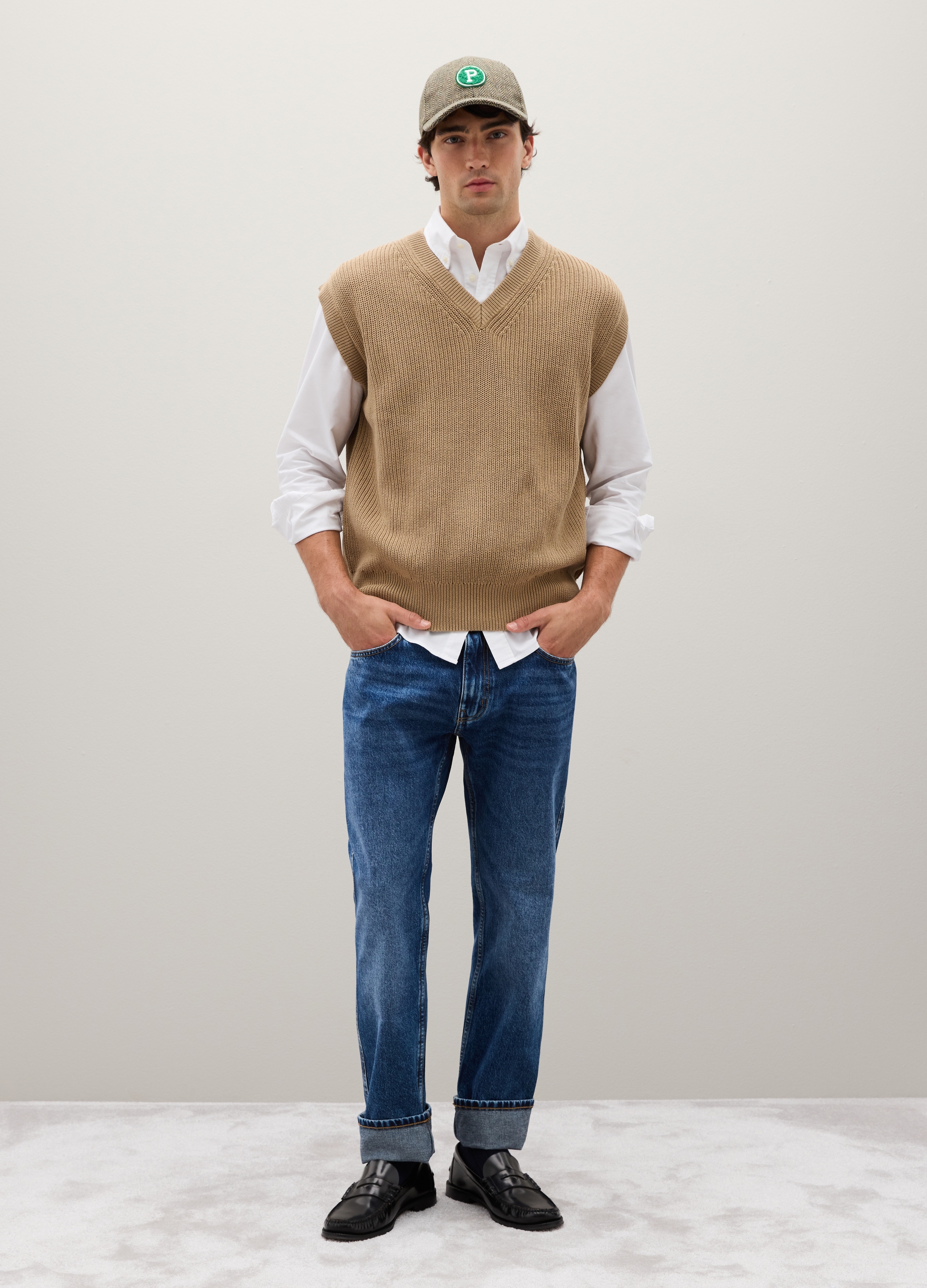 Chaleco Beige De Algodón, Hombre, Marrón, Talla: XL