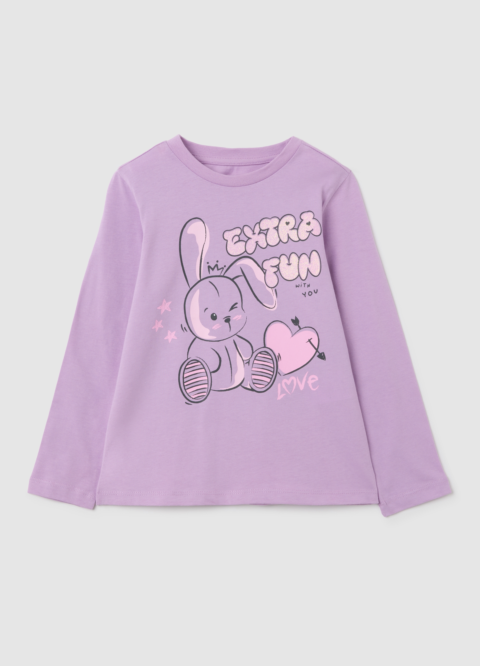 Camiseta Para Niña De Algodón Puro Violeta Corte Regular Con Estampado, Niña, Lila claro, Talla: 3-4