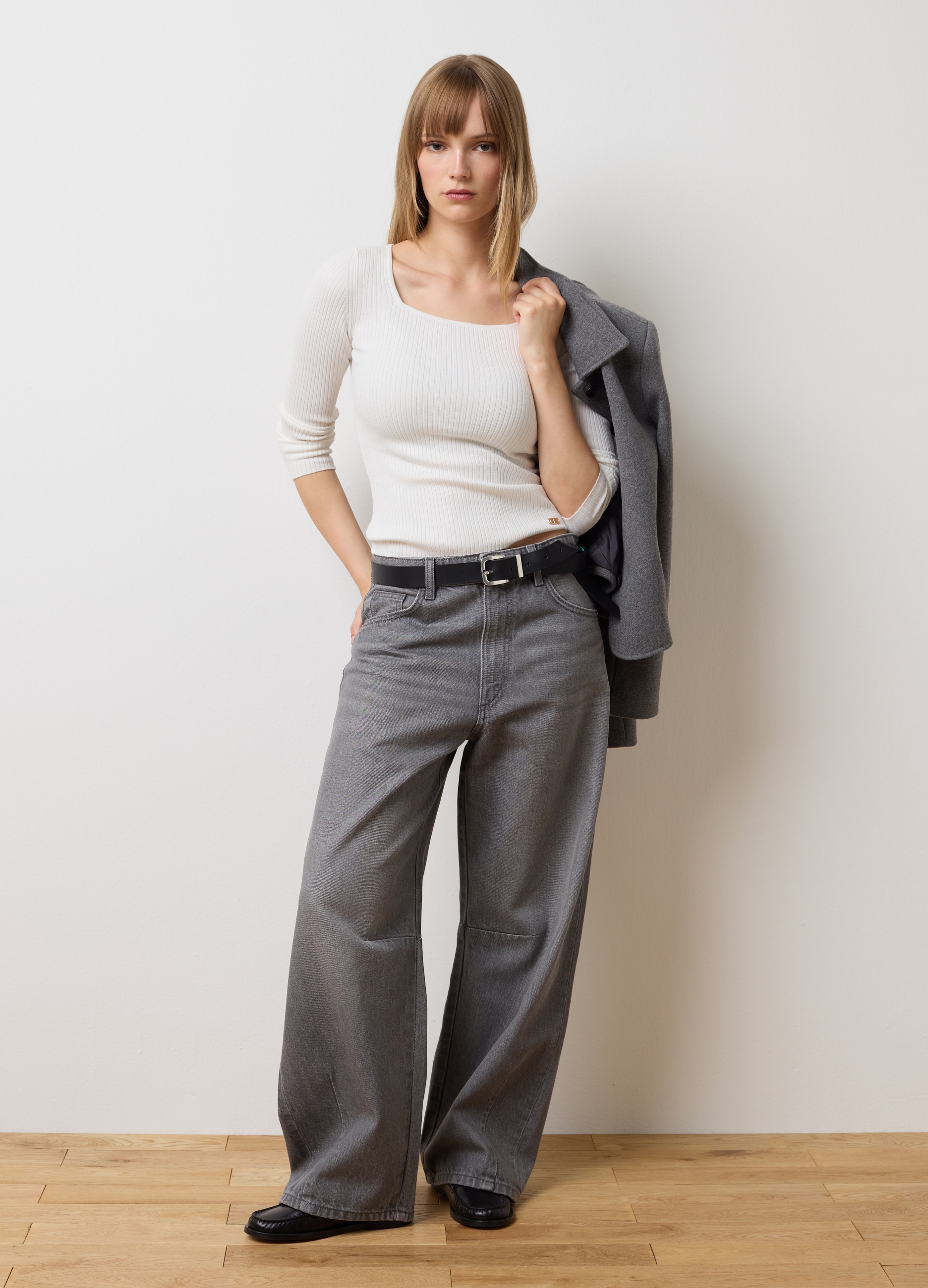 Vaqueros De Algodón Puro Gris Estilo Globo, Mujer, Gris claro, Talla: 44