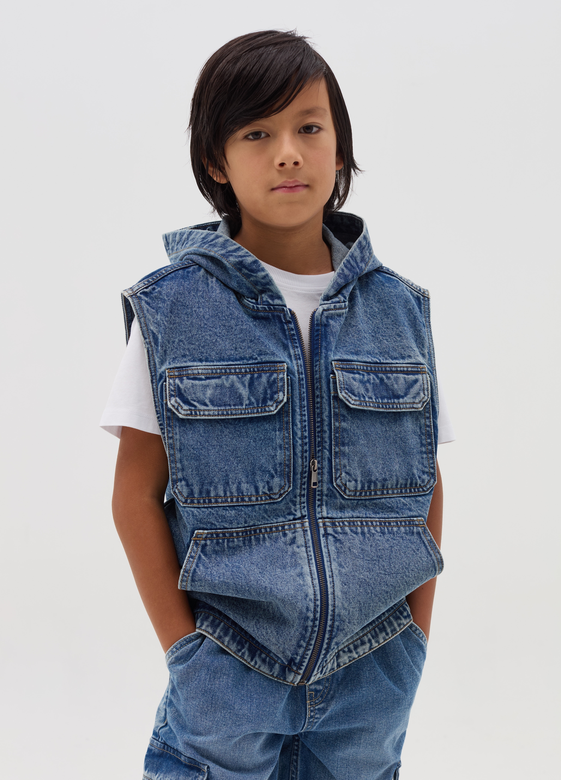 OVS KIDS, Chaleco Con Cremallera De Denim Con Capucha, Niño, Lavado medio, Talla: 11-12