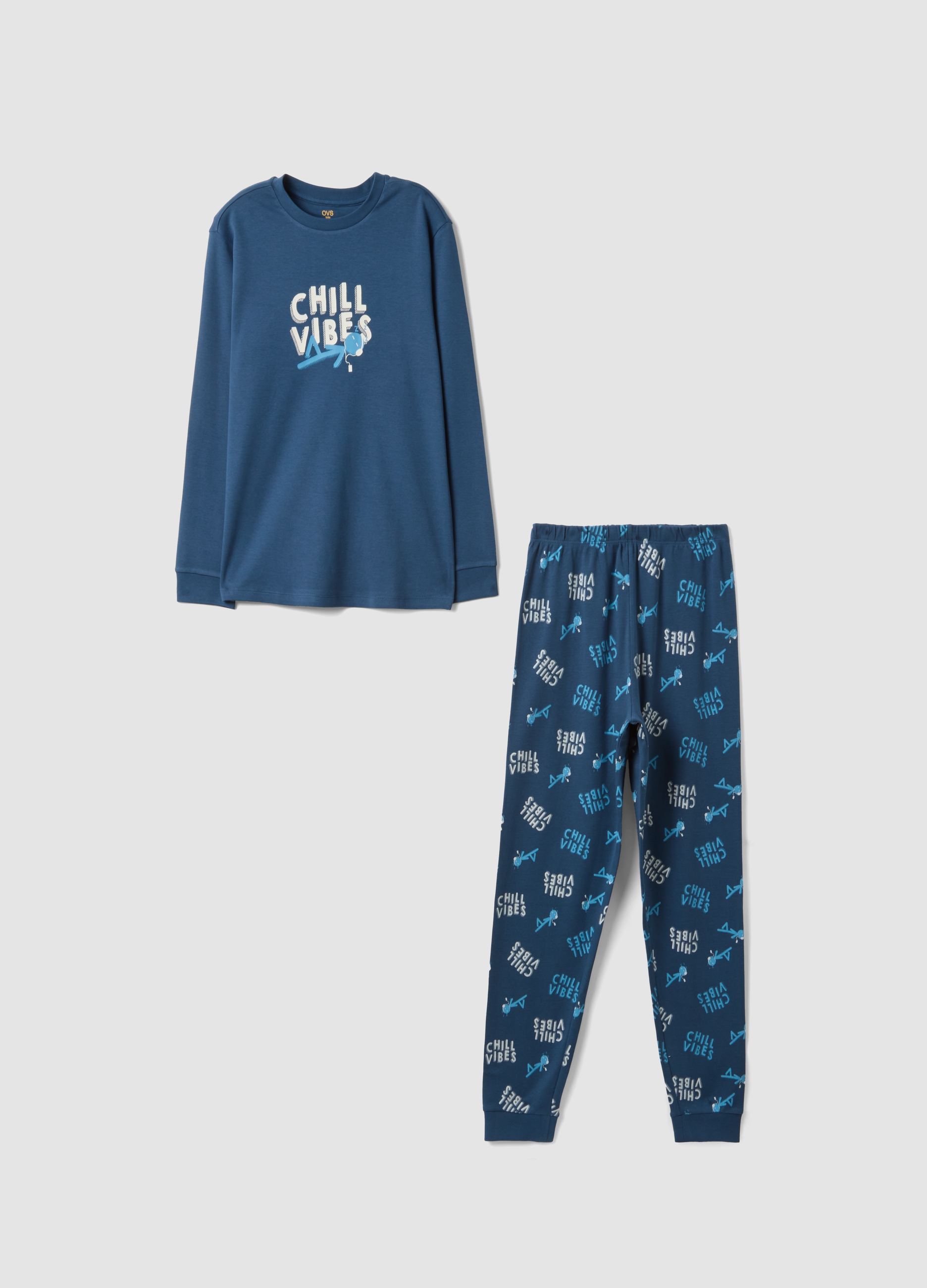 OVS KIDS, Pigiama Blu In Puro Cotone Organico Con Scritta "chill Vibes" Per Bambino, Blu, Taglia: 10-11