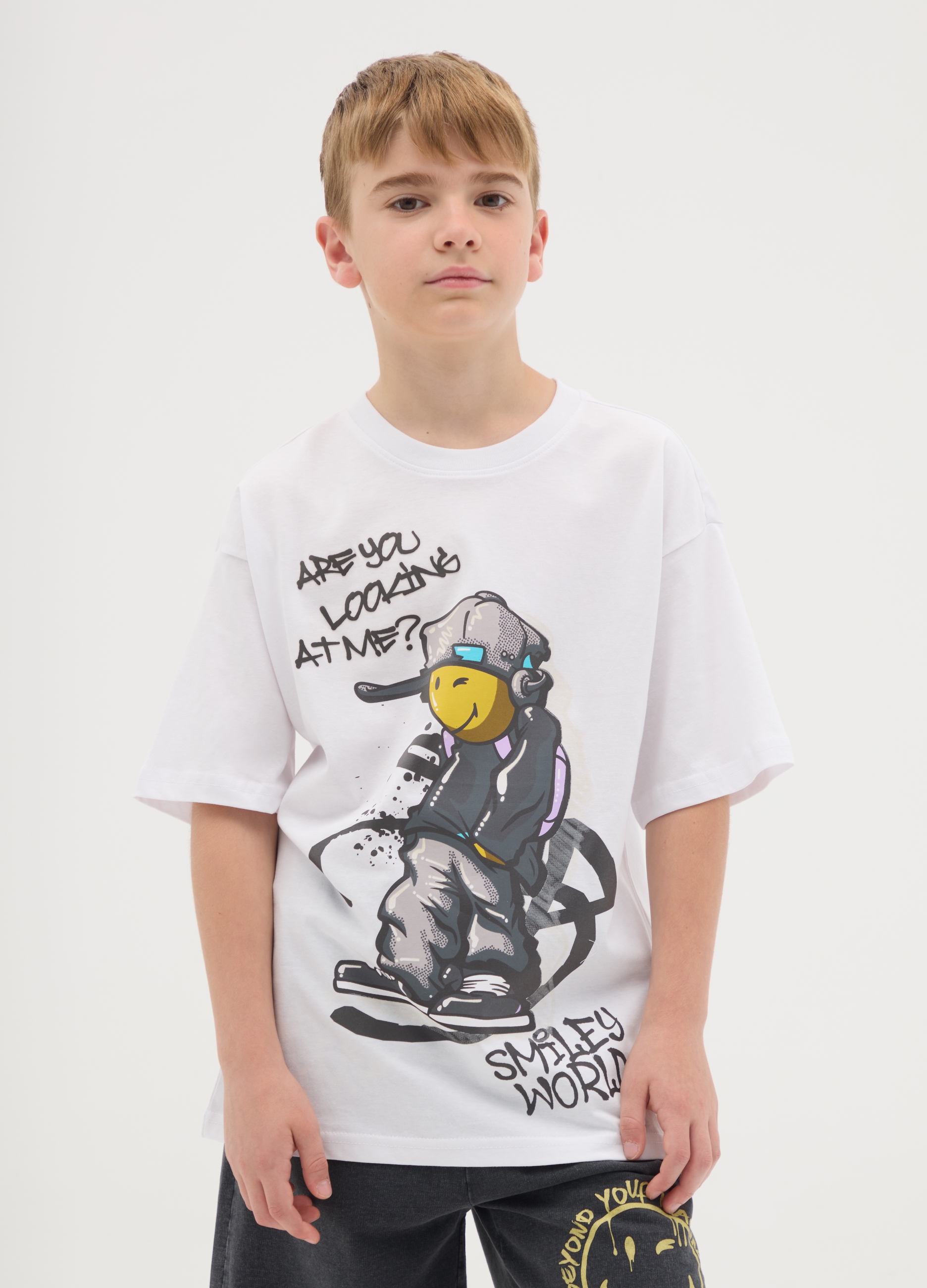 SMILEY, T-shirt Smileyworld® Da Ragazzo In Puro Cotone Bianca Con Stampa, Bambino, Bianco, Taglia: 11-12