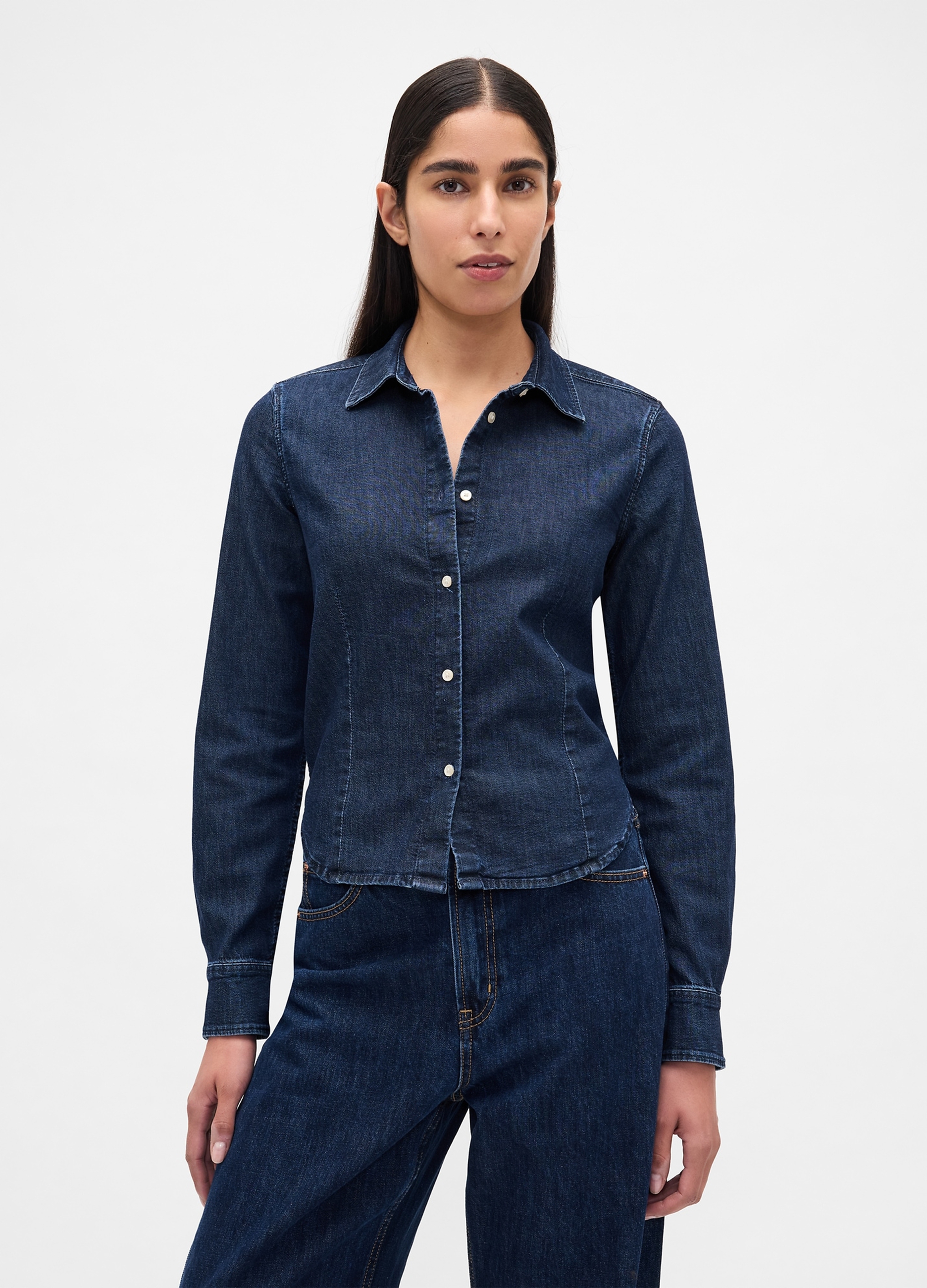 GAP, Camicia In Denim Elasticizzata A Maniche Lunghe, Donna, Denim, Taglia: S
