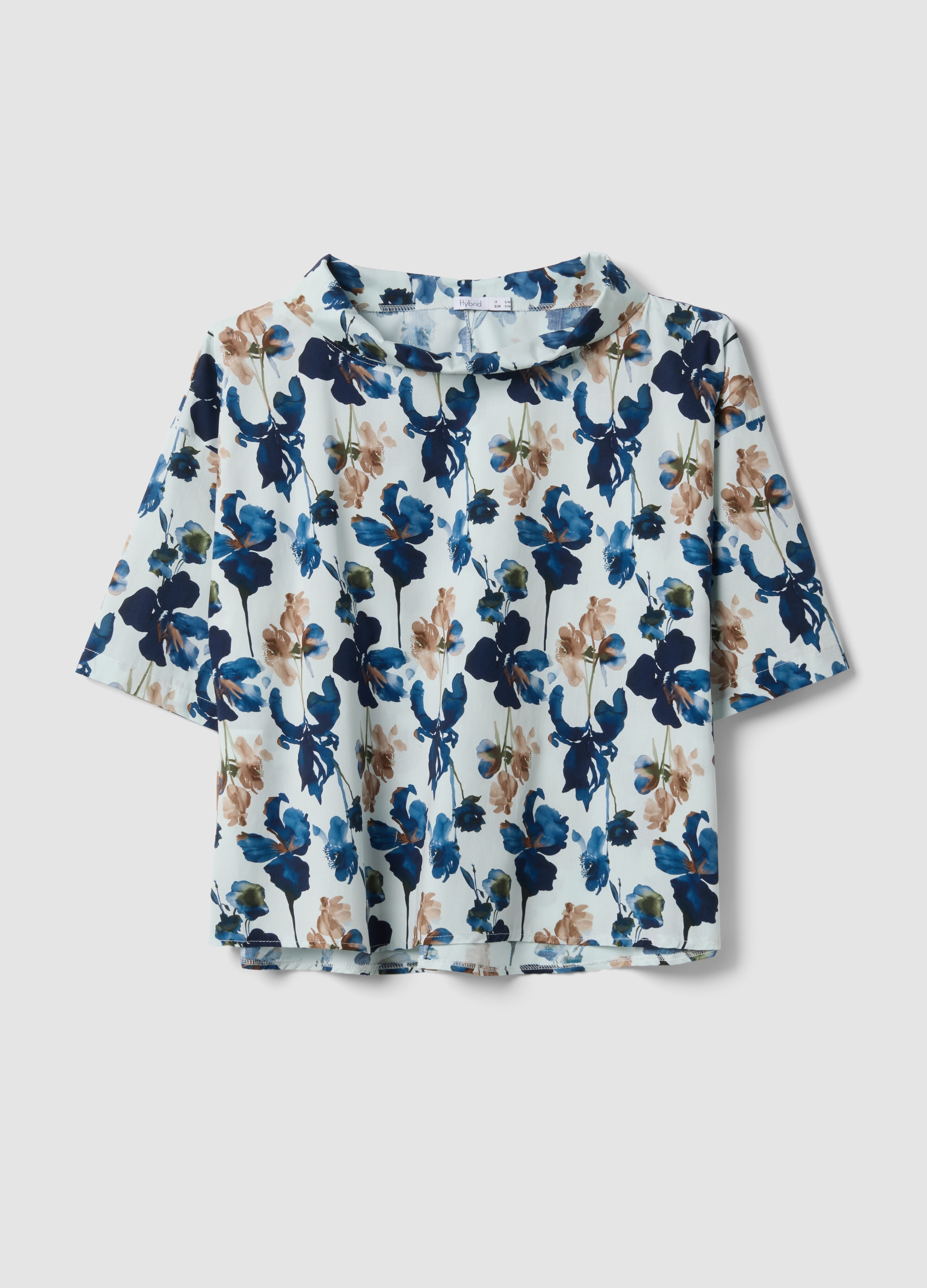 HYBRID, Maglia Blu In Cotone Elasticizzato Con Stampa Floreale, Donna, Bianco, Taglia: S/M