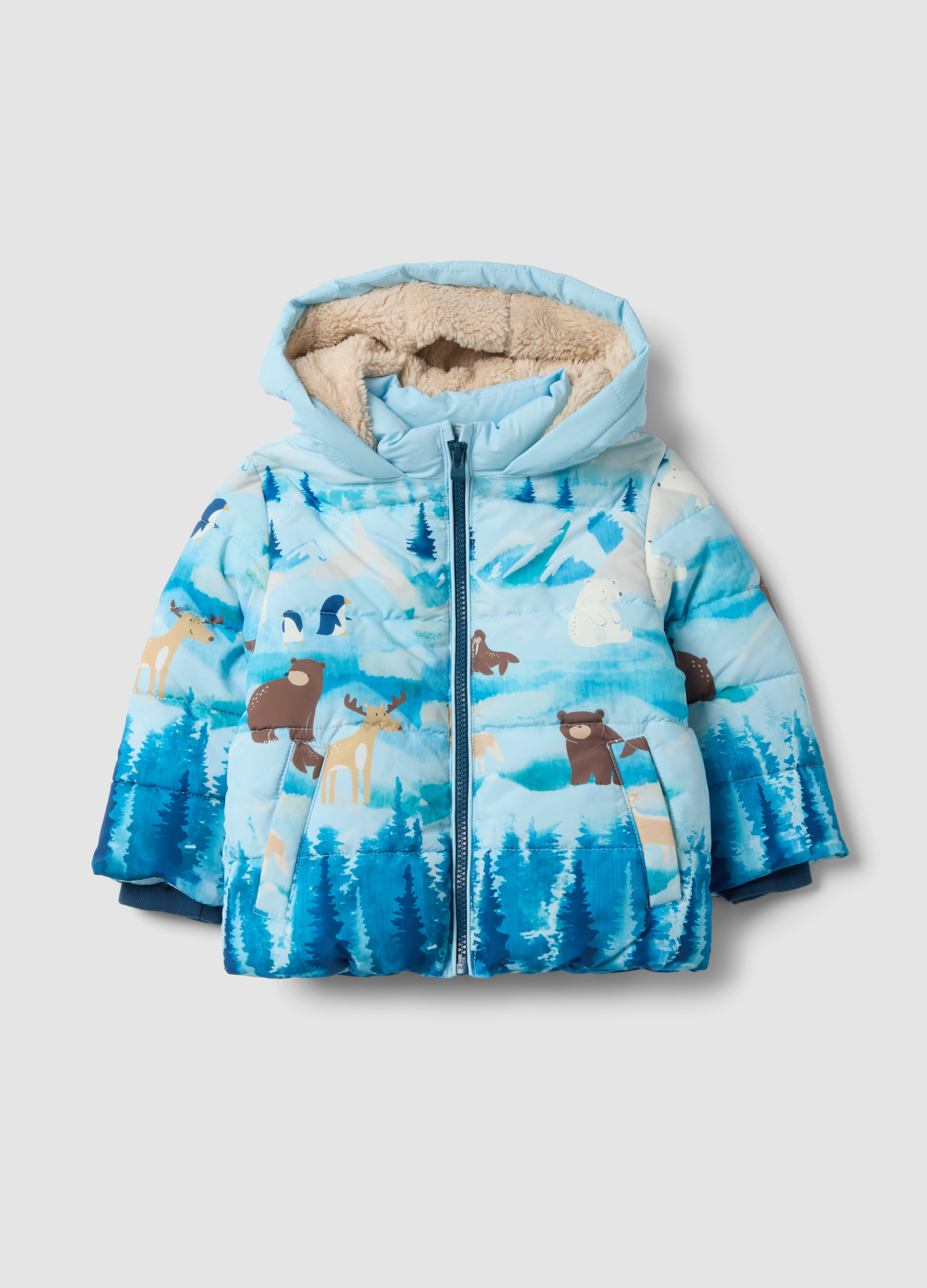 FAGOTTINO, Giacca Imbottita Azzurra Con Cappuccio E Stampa Animali Regular Fit, Bambino, Azzurro, Taglia: 12-18