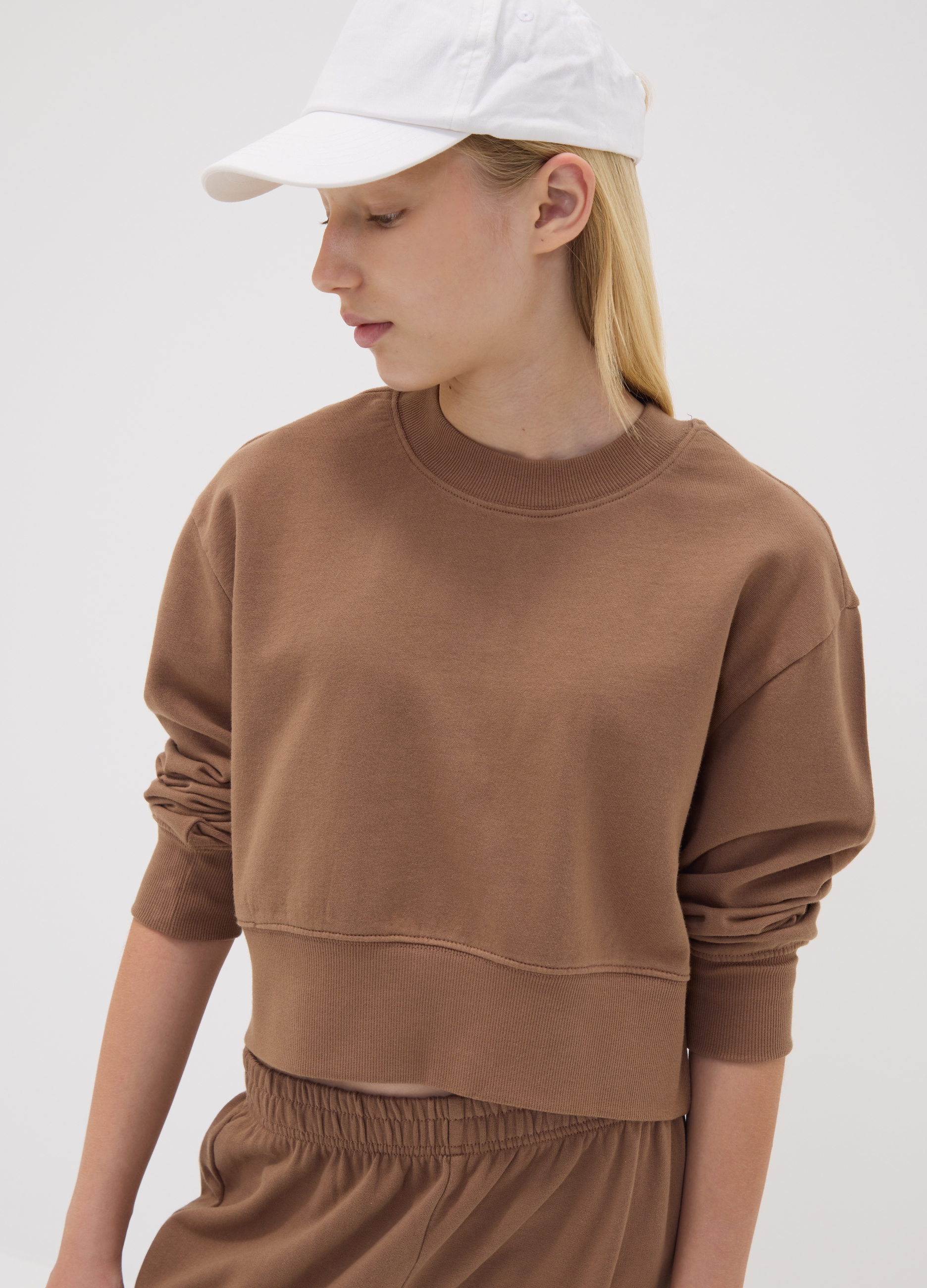 OVS KIDS, Felpa Marrone In Misto Cotone Organico E Viscosa Con Collo A Costine, Bambina, Marrone, Taglia: 11-12