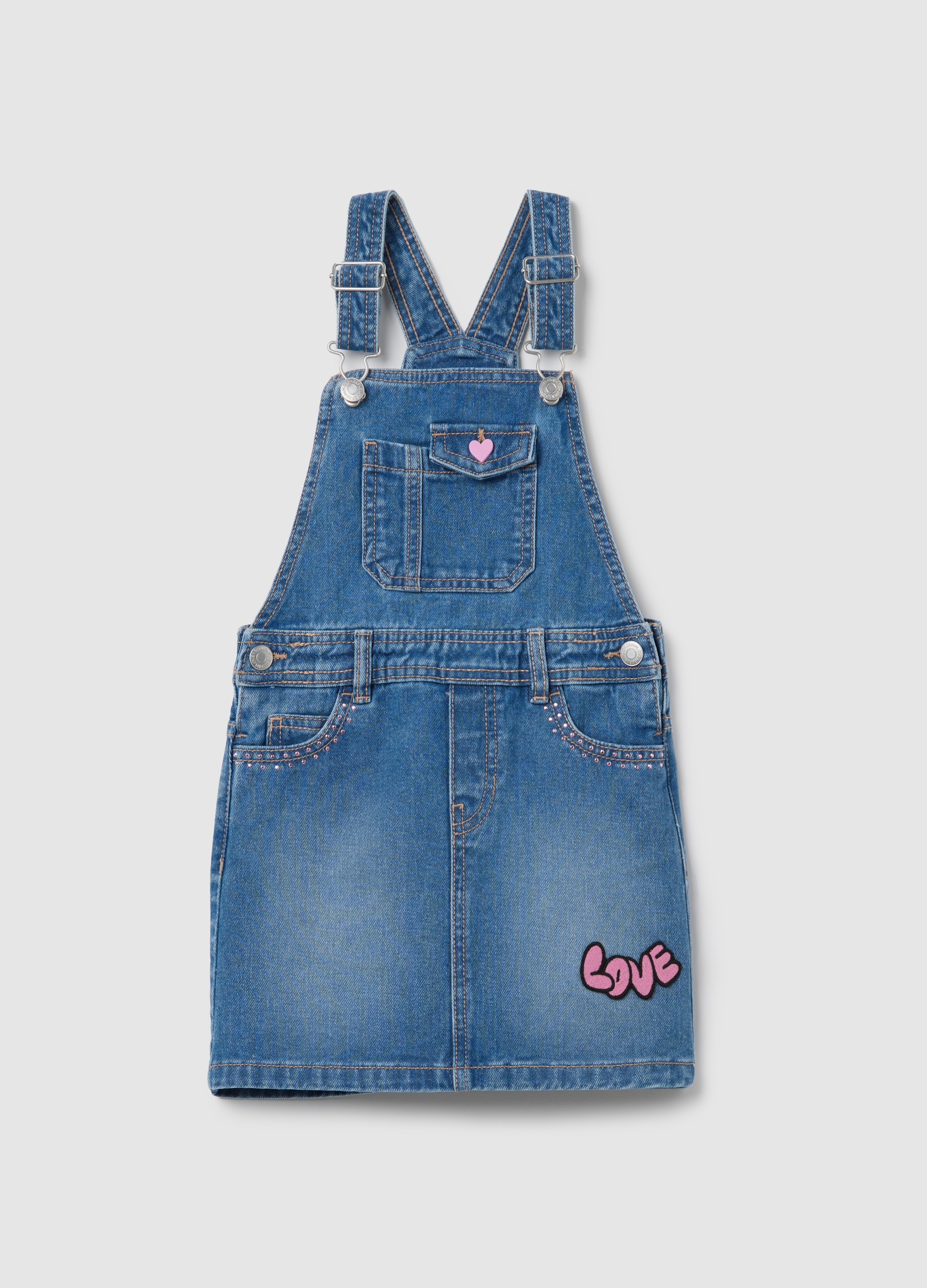 OVS, Salopette Gonna In Denim Con Strass E Patch love, Bambina, Denim, Taglia: 4-5