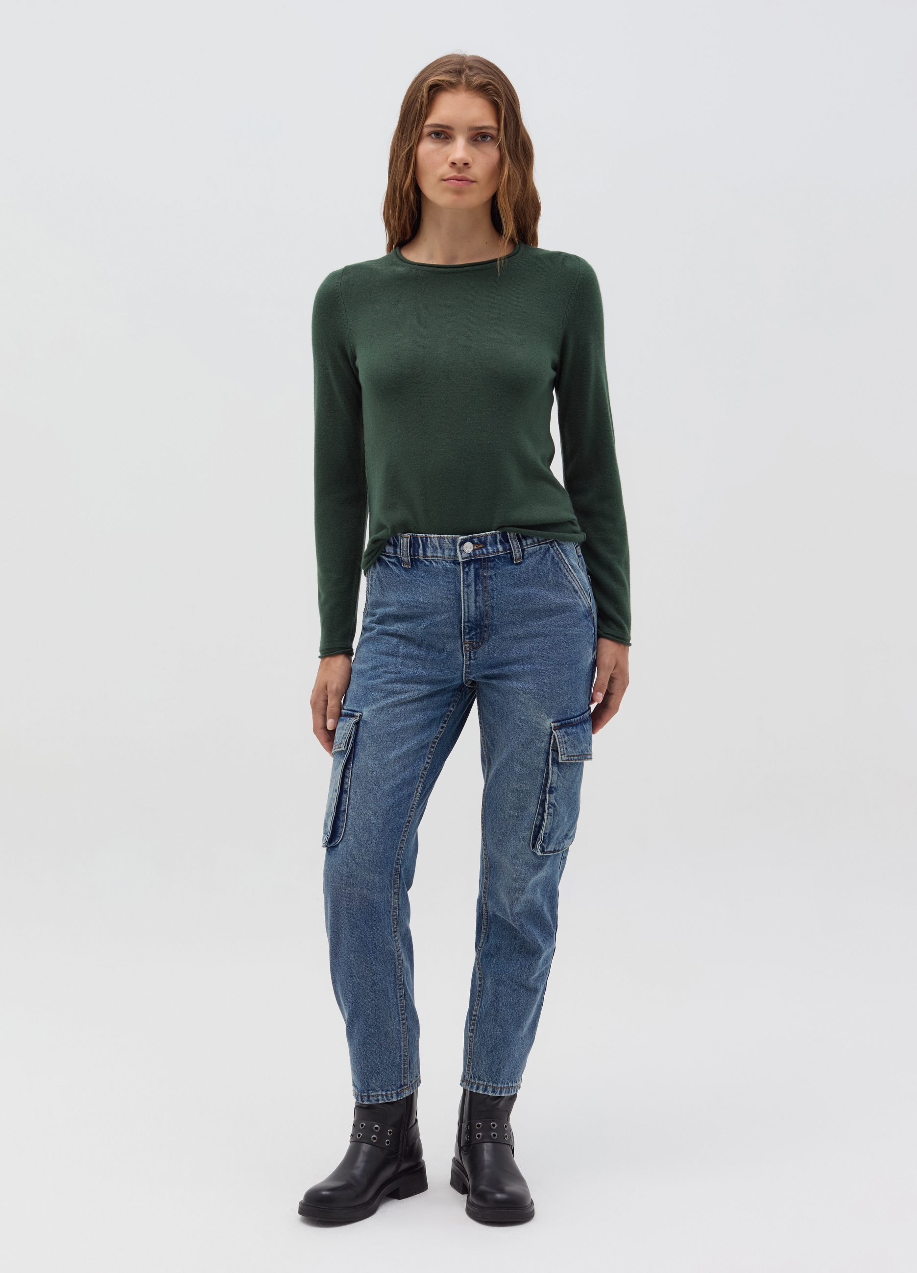 OVS, Maglia Girocollo Con Piccolo Risvolto, Donna, Verde, Taglia: S