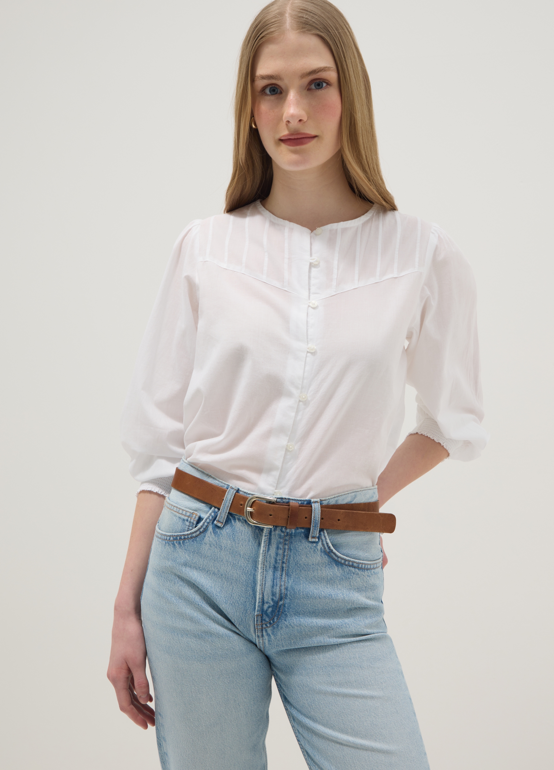 Camisa Blanca De Puro Algodón Corte Regular Con Botones Y Cuello Redondeado, Mujer, Blanco óptico, Talla: 38