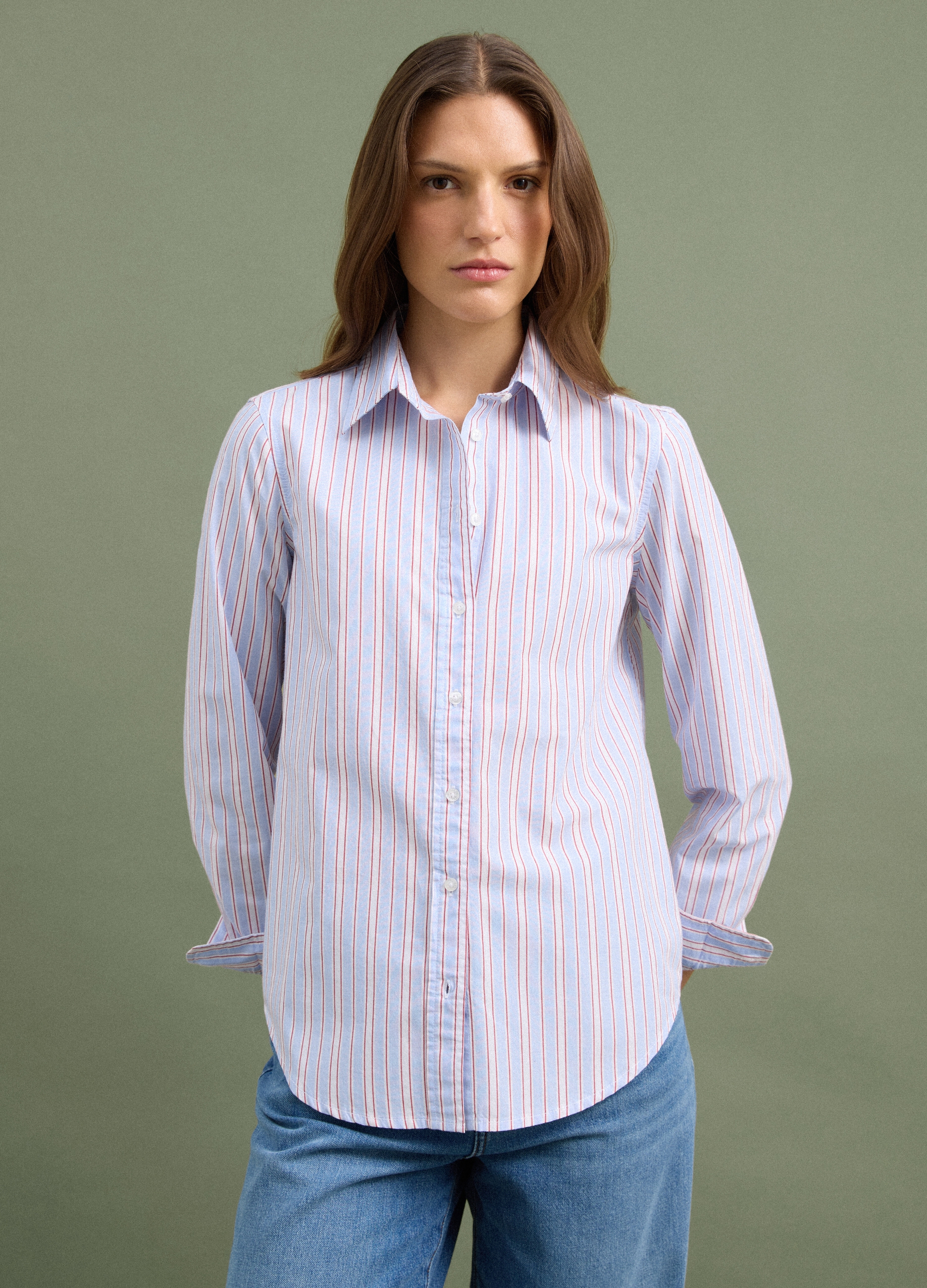 PIOMBO, Camicia Azzurra A Righe Rosse In Popeline Regular Fit, Donna, Azzurro, Taglia: XXL
