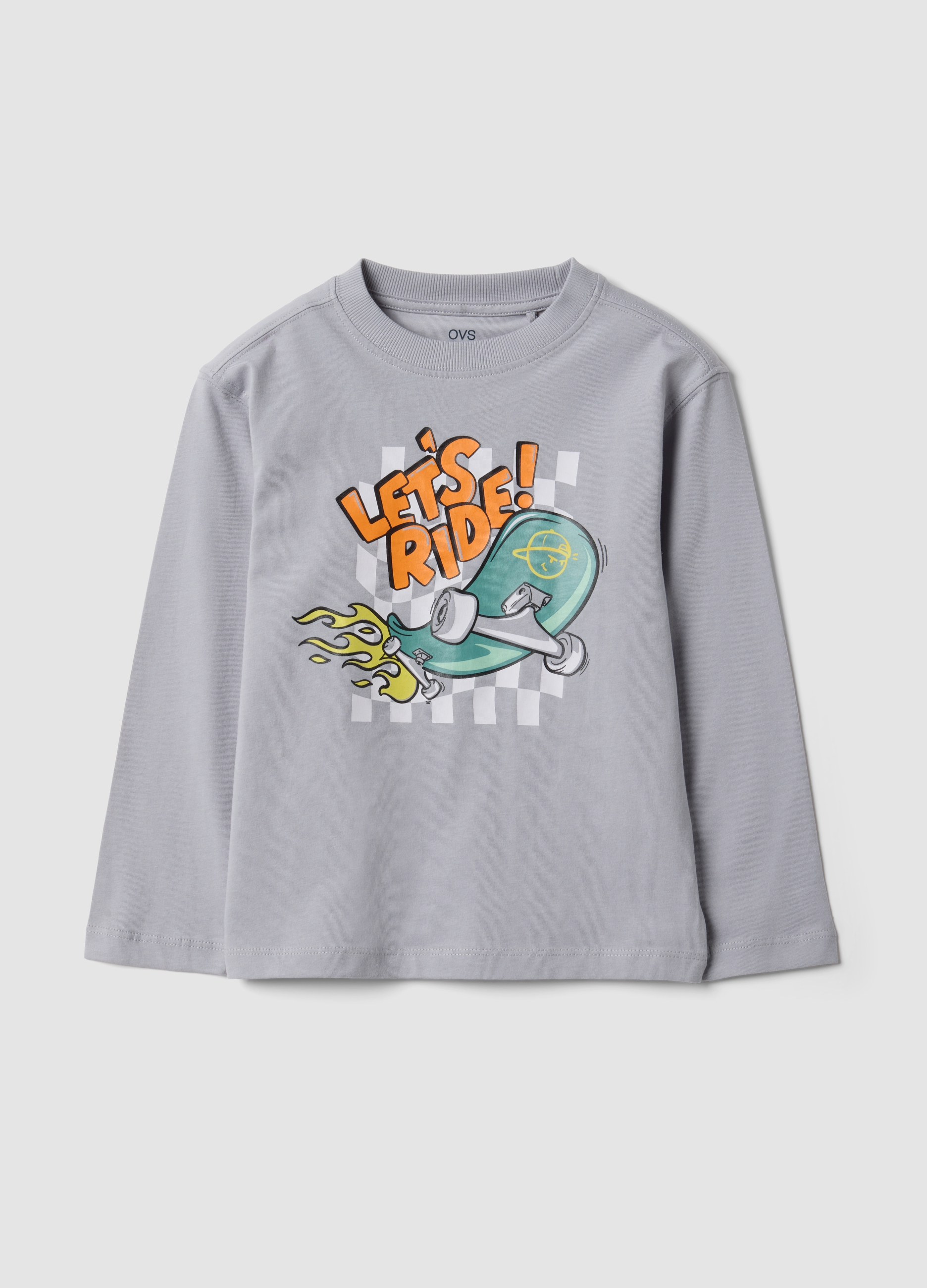 OVS KIDS, T-shirt Grigia In Puro Cotone A Girocollo Con Stampa Skater Per Bambino, Grigio, Taglia: 7-8